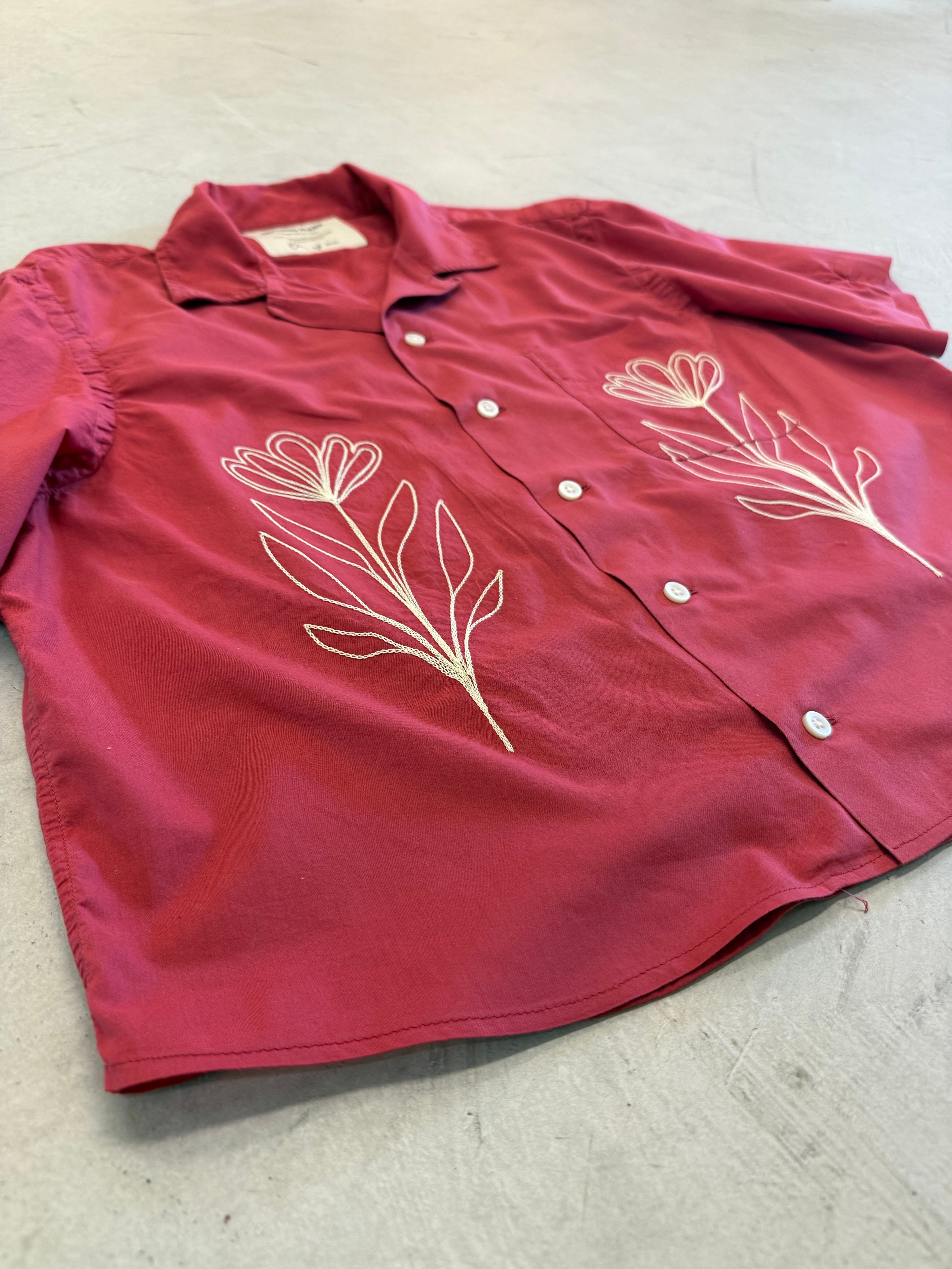 Cropped Button Down — Washed Red with Ivory Floral