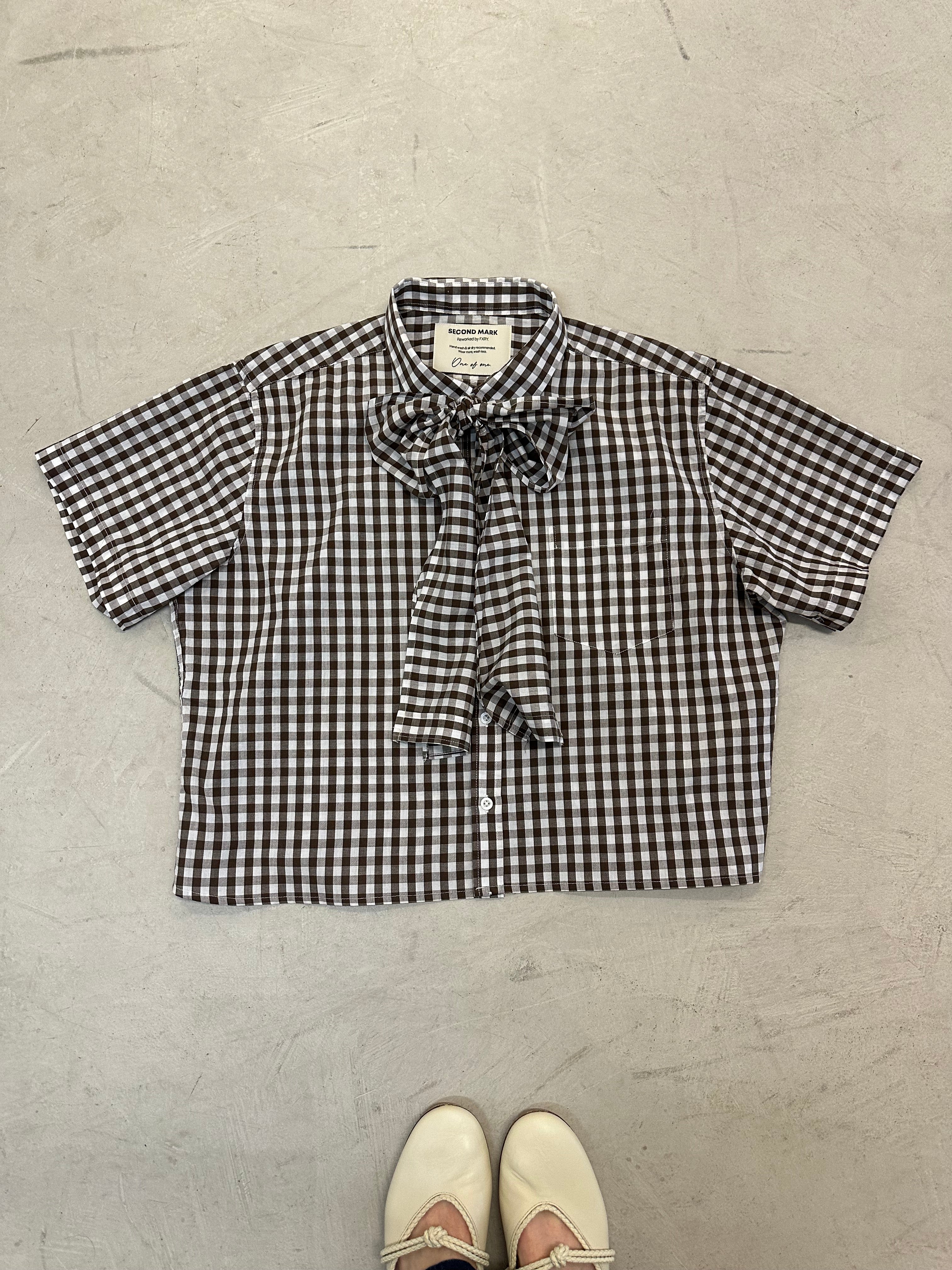 Cropped Button Down — Brown and White Gingham with Bow