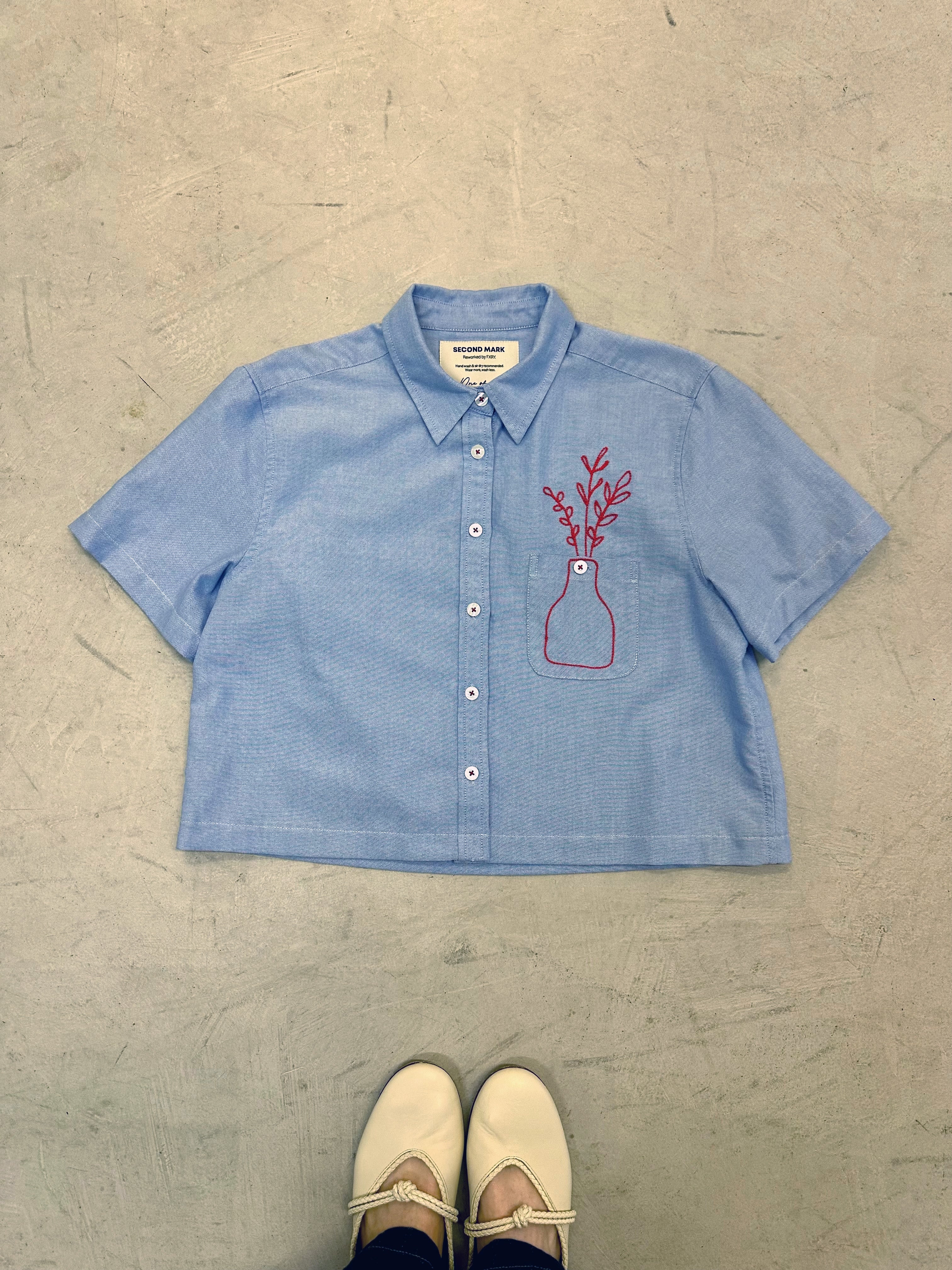 Cropped Button Down — Light Blue with Red Floral Buds in a Vase