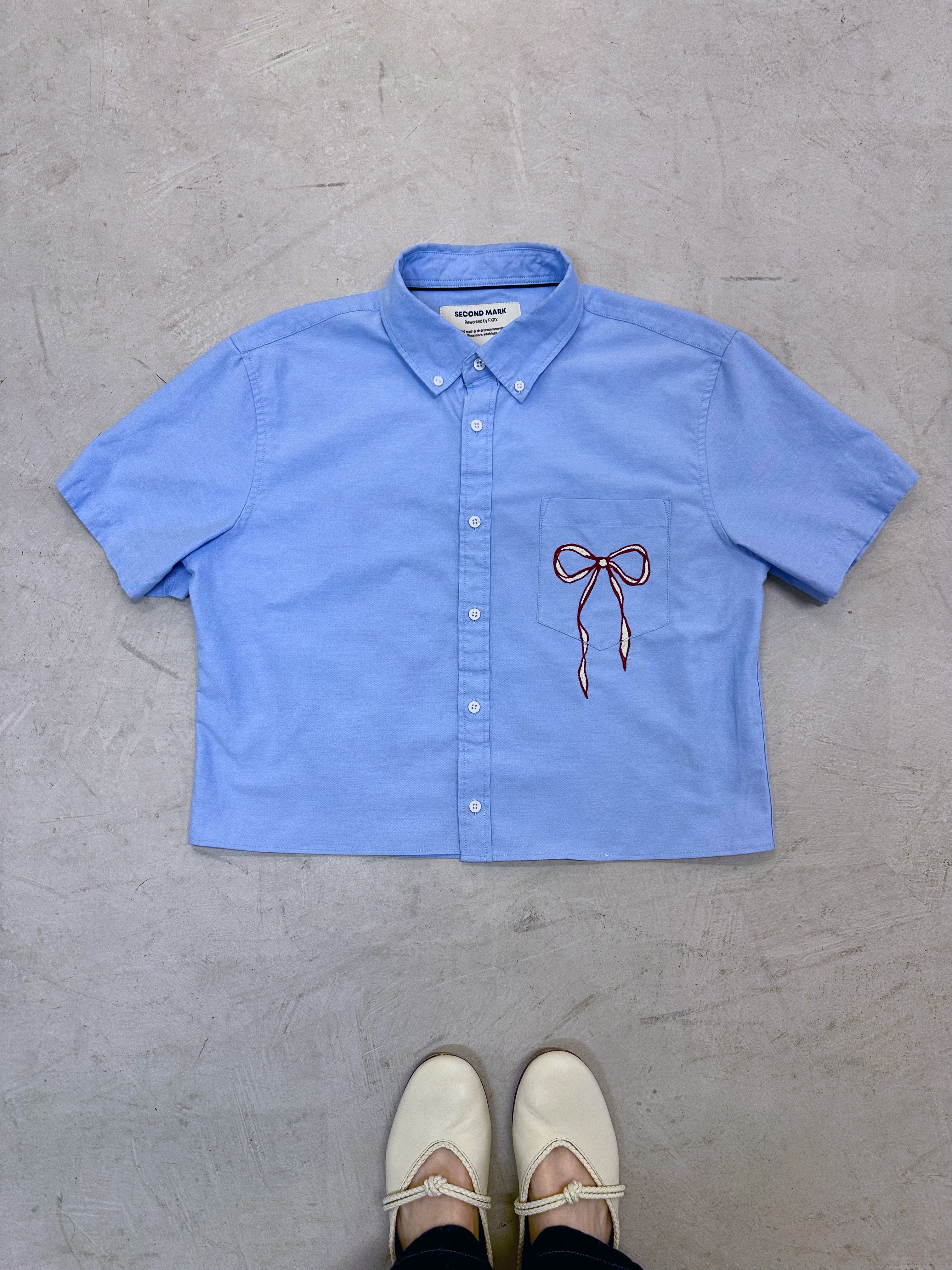 Cropped Button Down — Pale Blue with Red and Ivory Bow