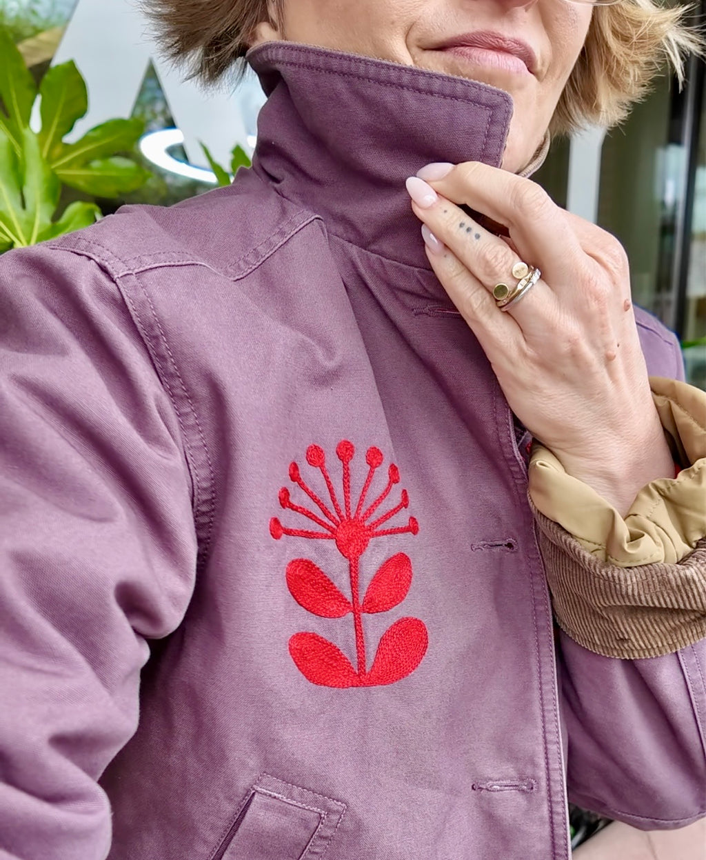 LL Bean Barn Jacket — Plum with Red Nordic Flower
