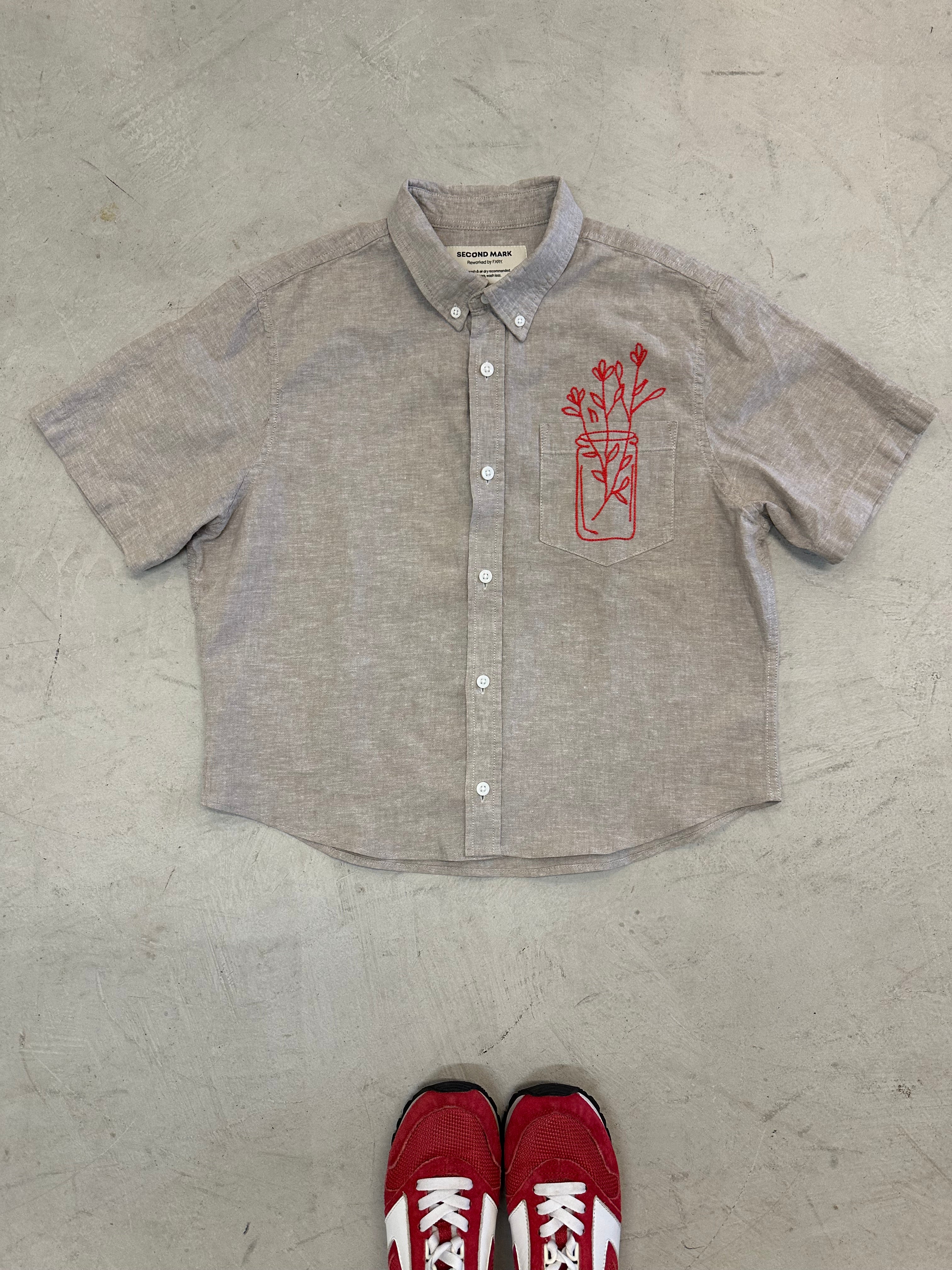 Cropped Button Down — Taupe and Red Floral in Vase