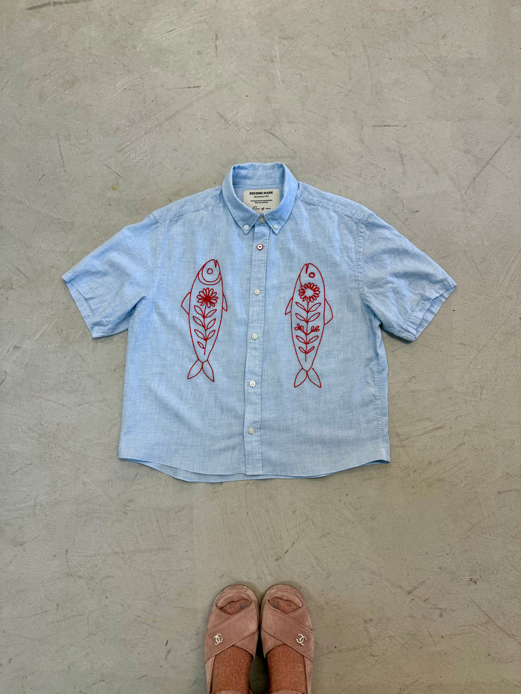 Cropped Button Down — Light Blue Chambray with Red Fish