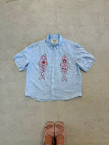 Cropped Button Down — Light Blue Chambray with Red Fish