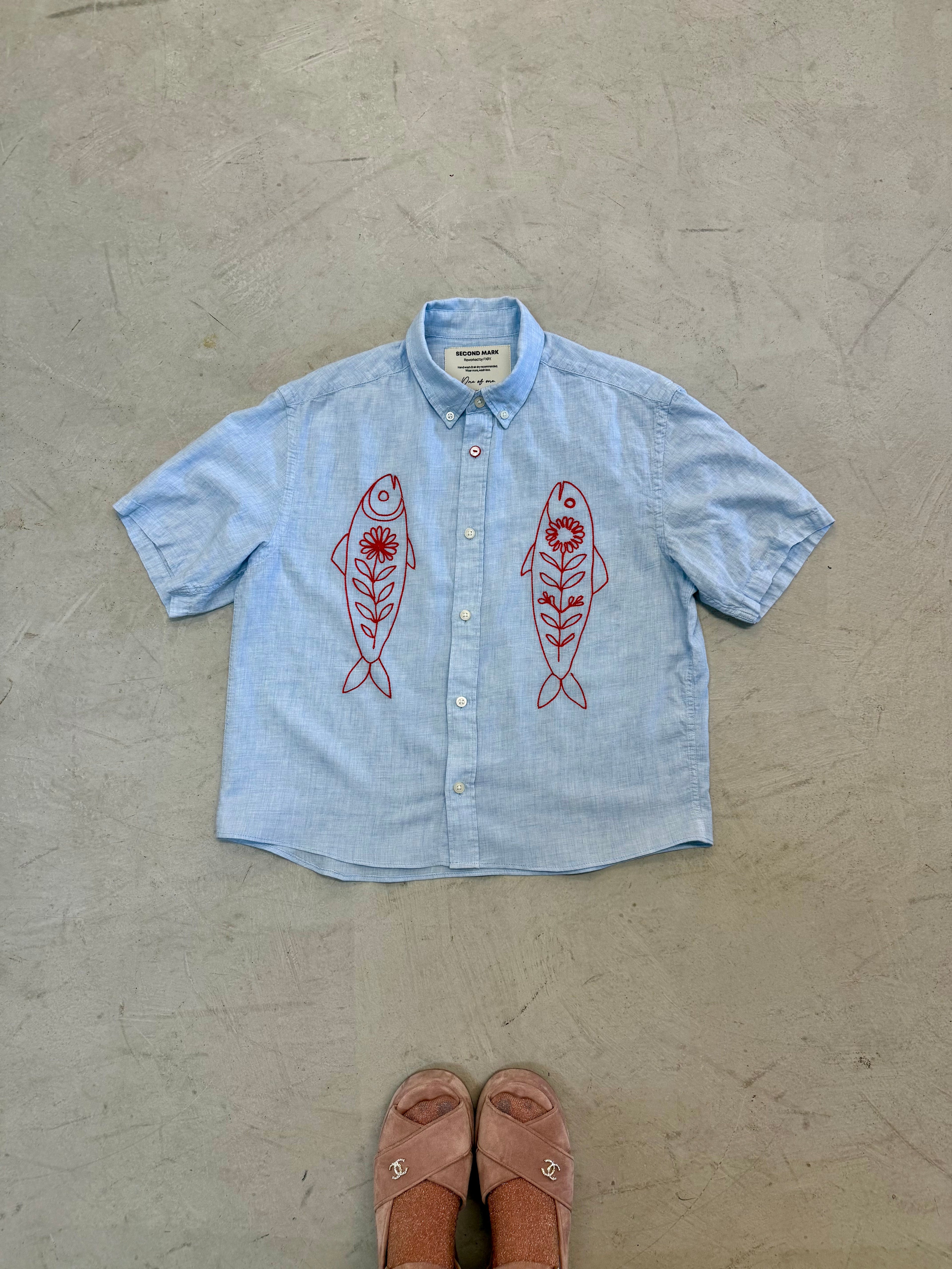 Cropped Button Down — Light Blue Chambray with Red Fish
