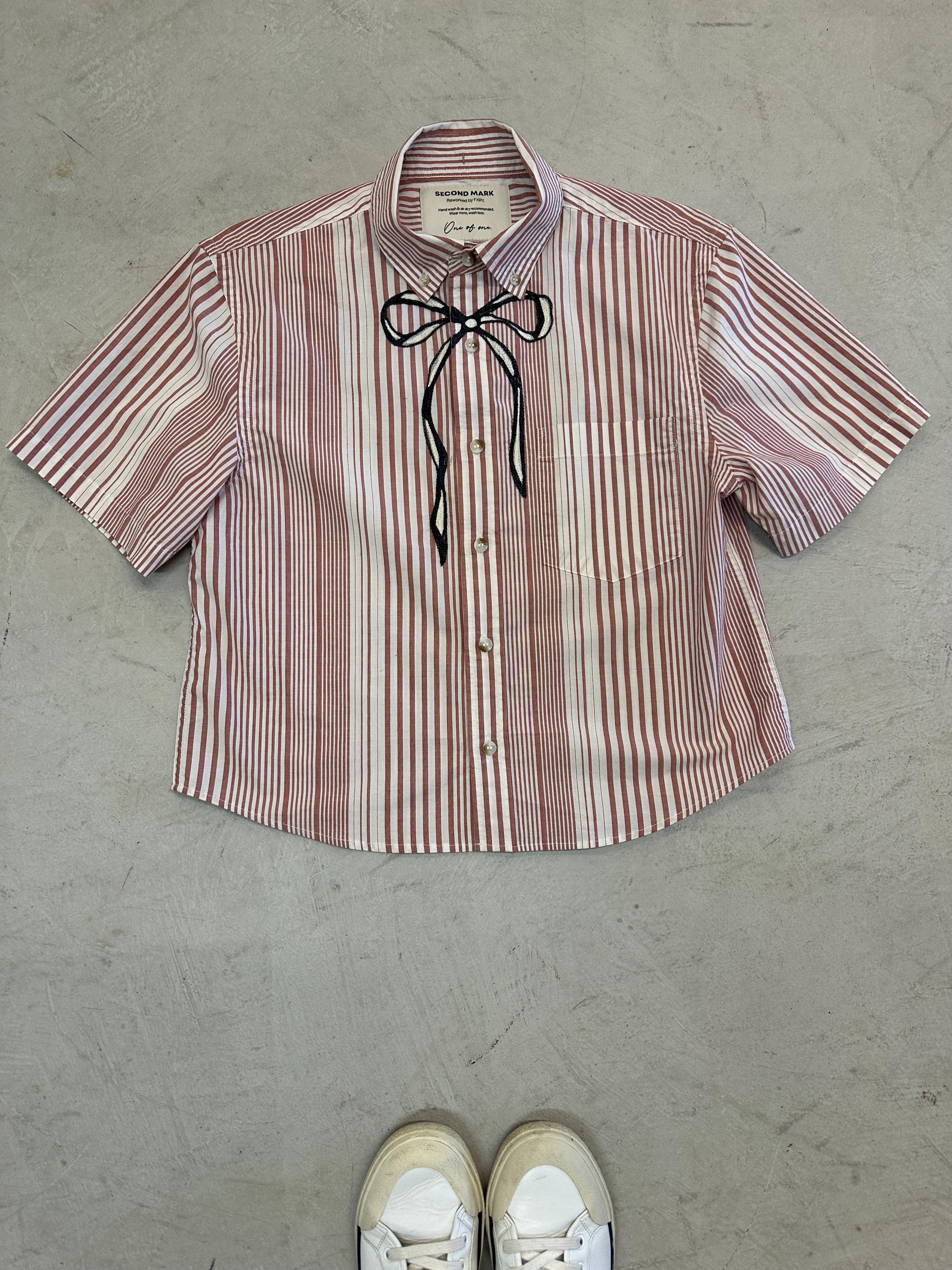 Cropped Button Down — Terracotta and Cream Striped with Charcoal Bow