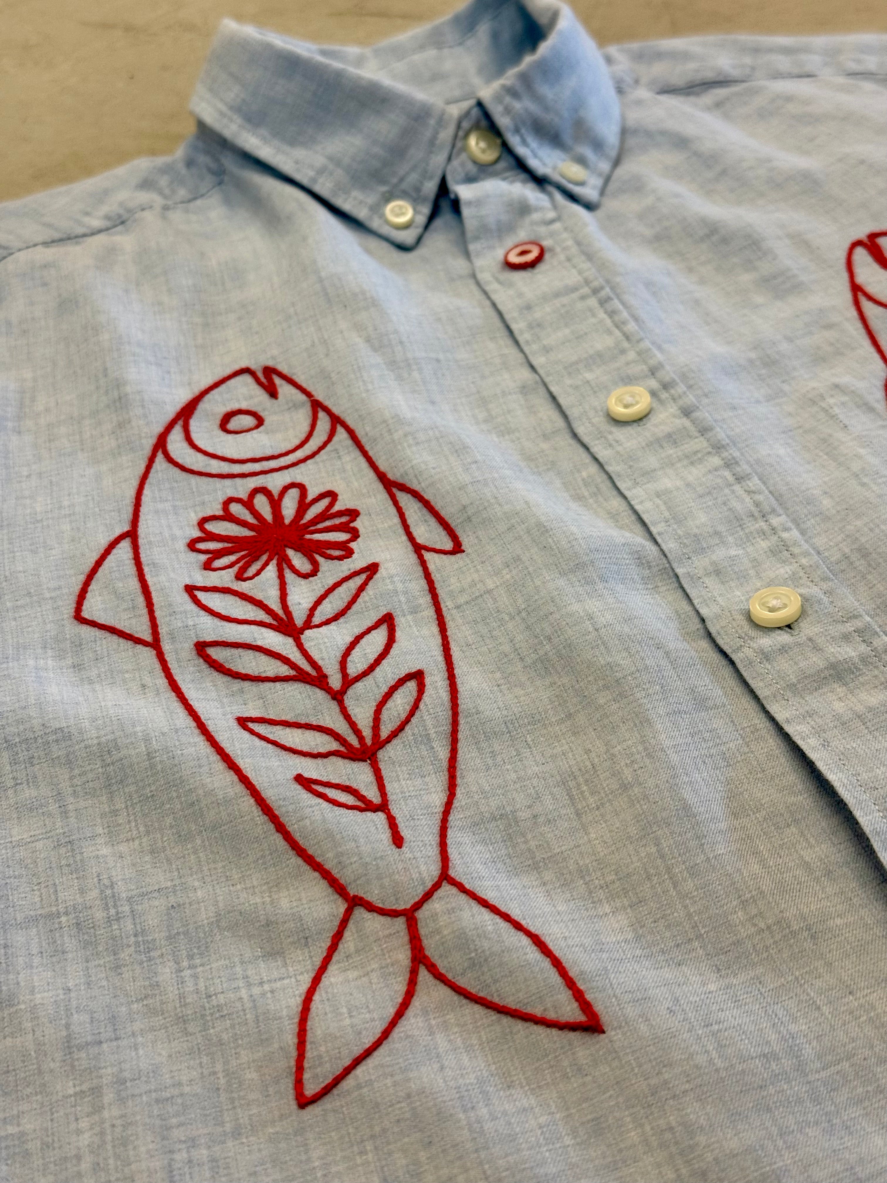 Cropped Button Down — Light Blue Chambray with Red Fish