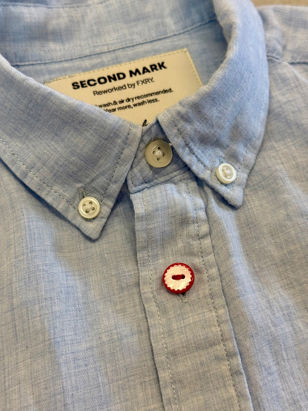 Cropped Button Down — Light Blue Chambray with Red Fish