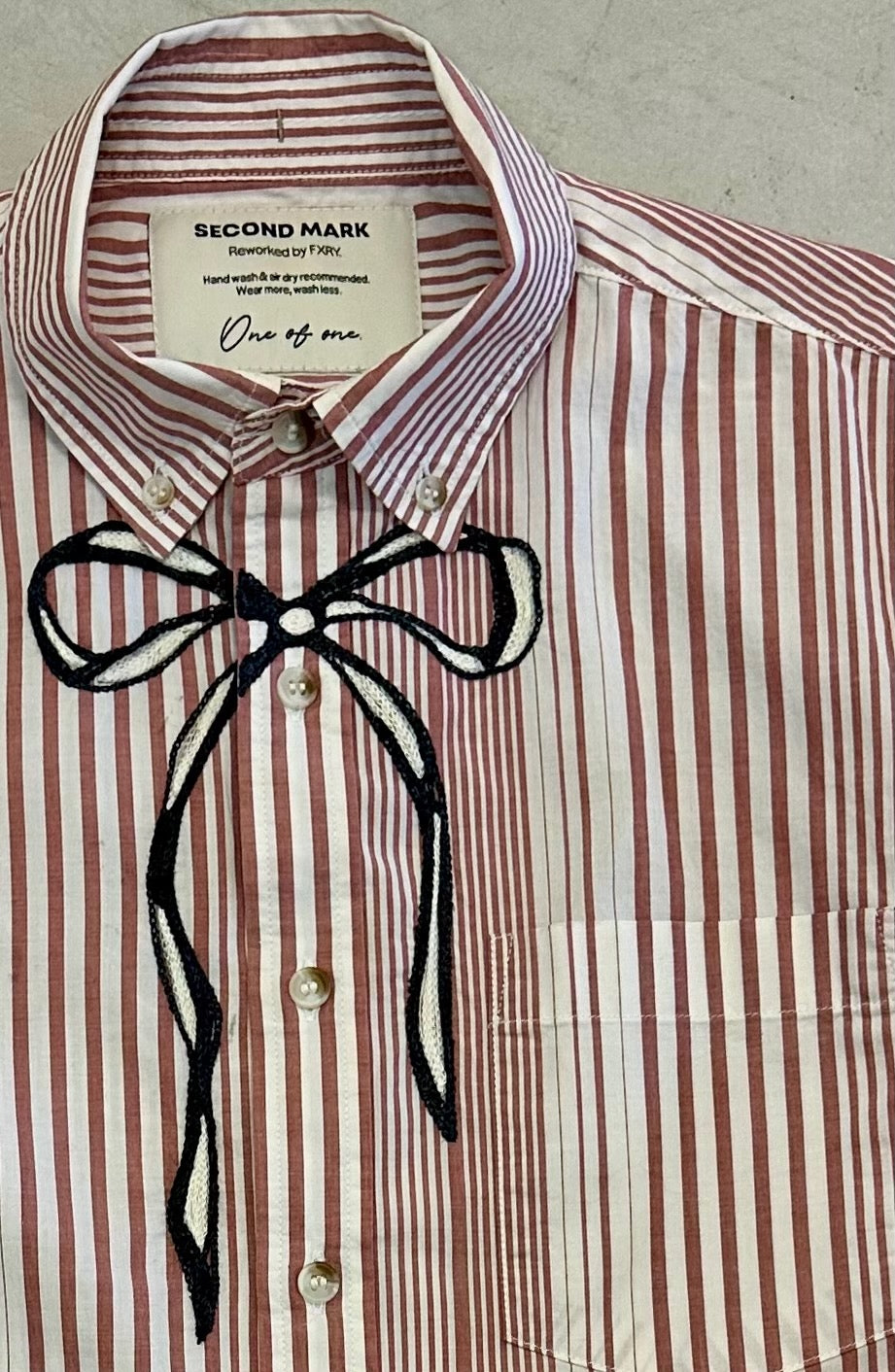 Cropped Button Down — Terracotta and Cream Striped with Charcoal Bow