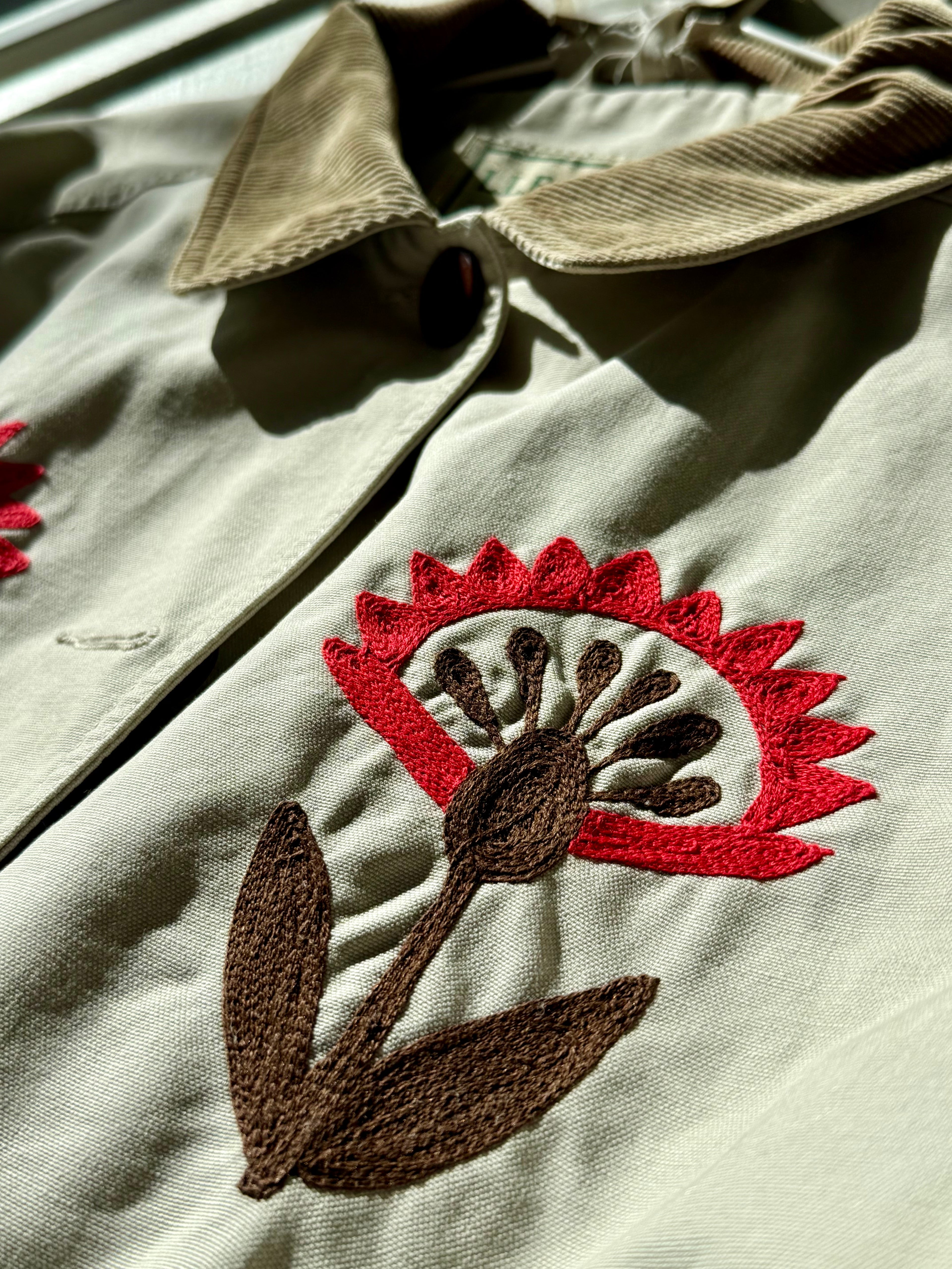 LL Bean Barn Jacket — Beige with Red Folk Flower