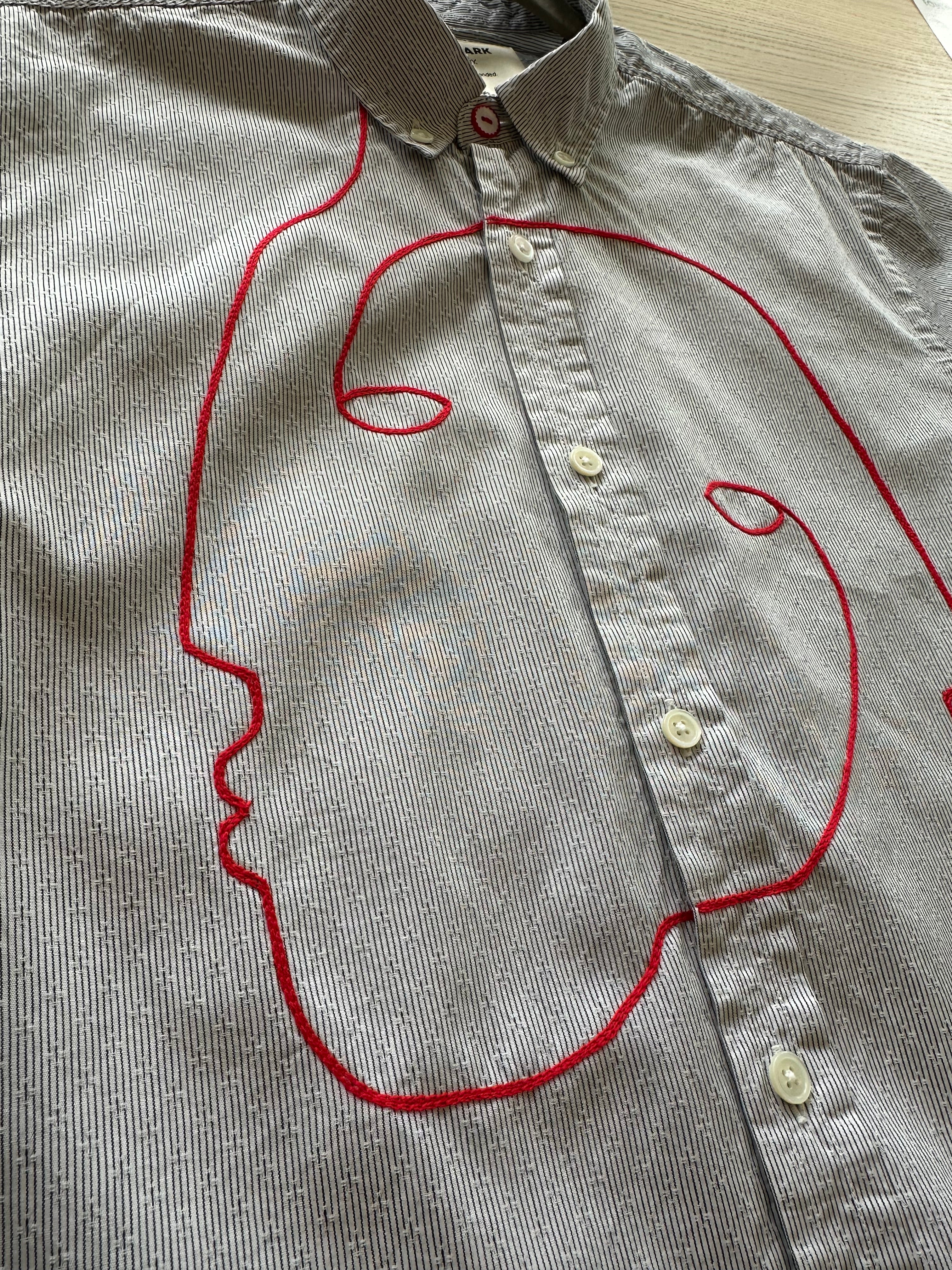 Cropped Button Down — White Pinstripe with Red Faces