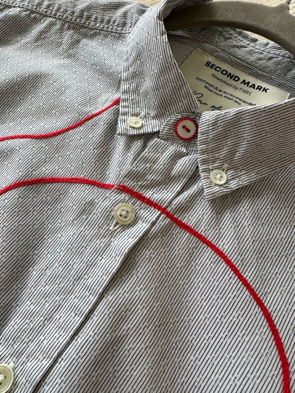Cropped Button Down — White Pinstripe with Red Faces