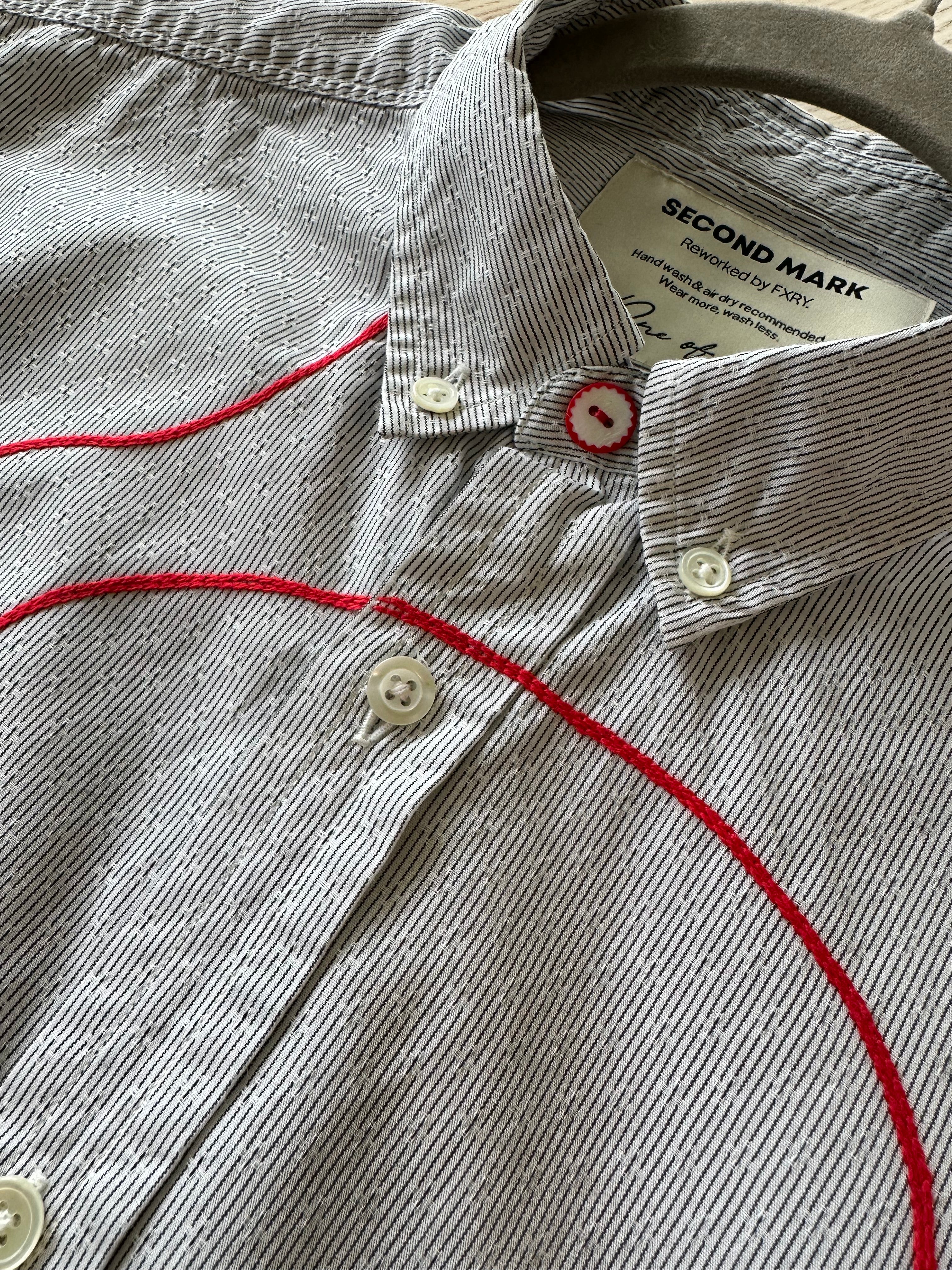 Cropped Button Down — White Pinstripe with Red Faces