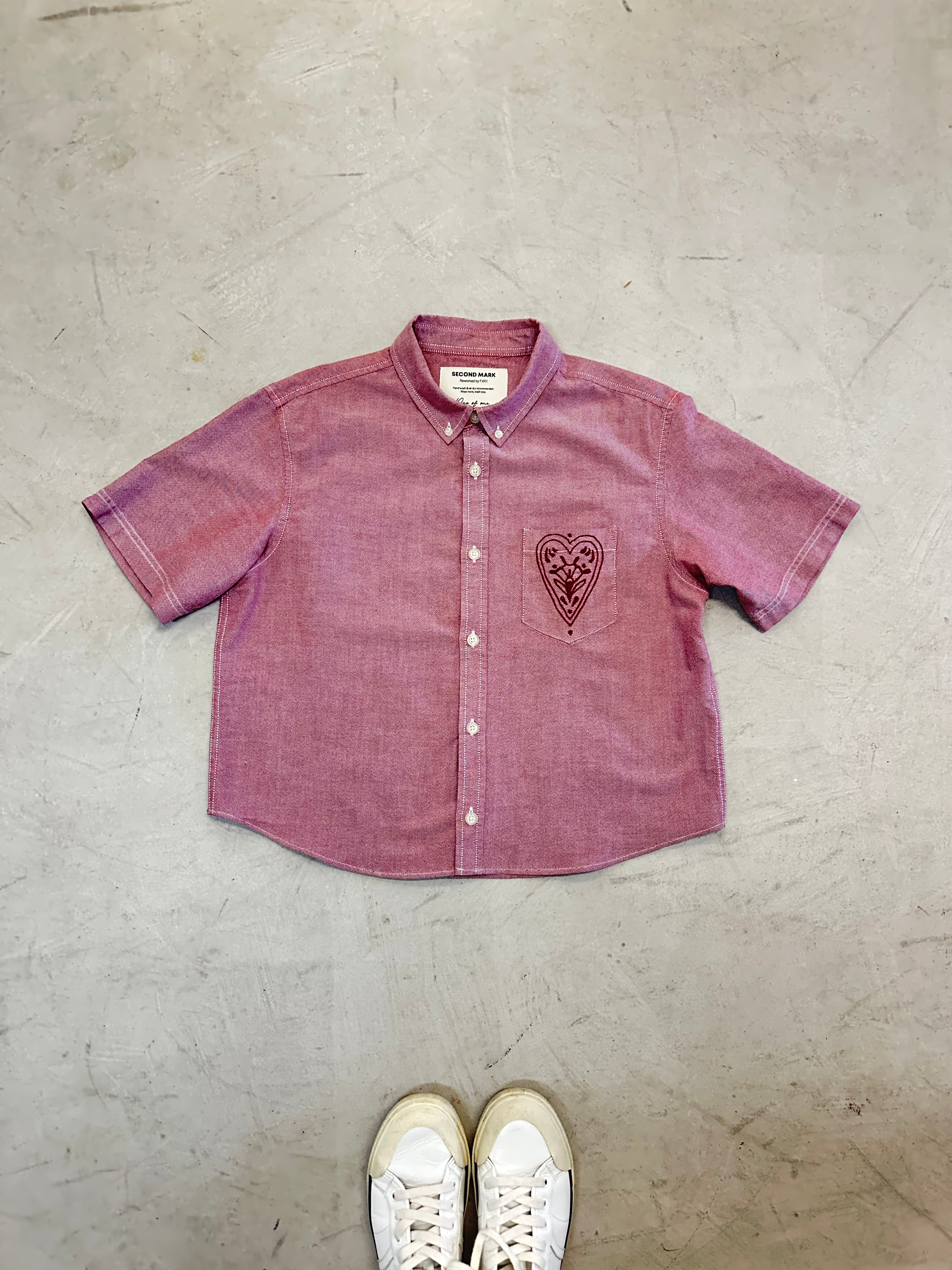 Cropped Button Down — Heathered brick red with Crimson Heart