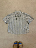 Cropped Button Down — Ivory and Green Stripe with Green Bow