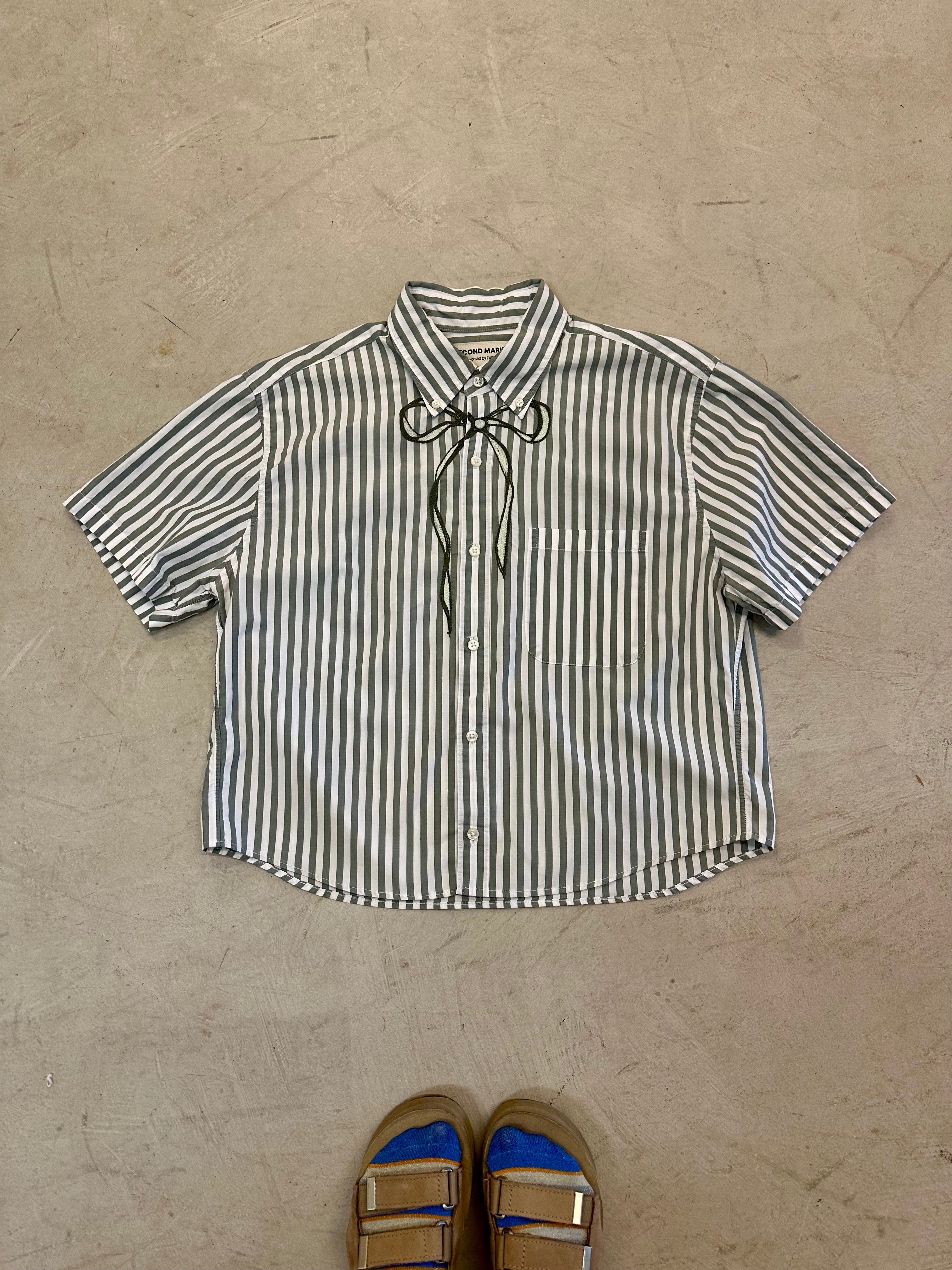 Cropped Button Down — Ivory and Green Stripe with Green Bow