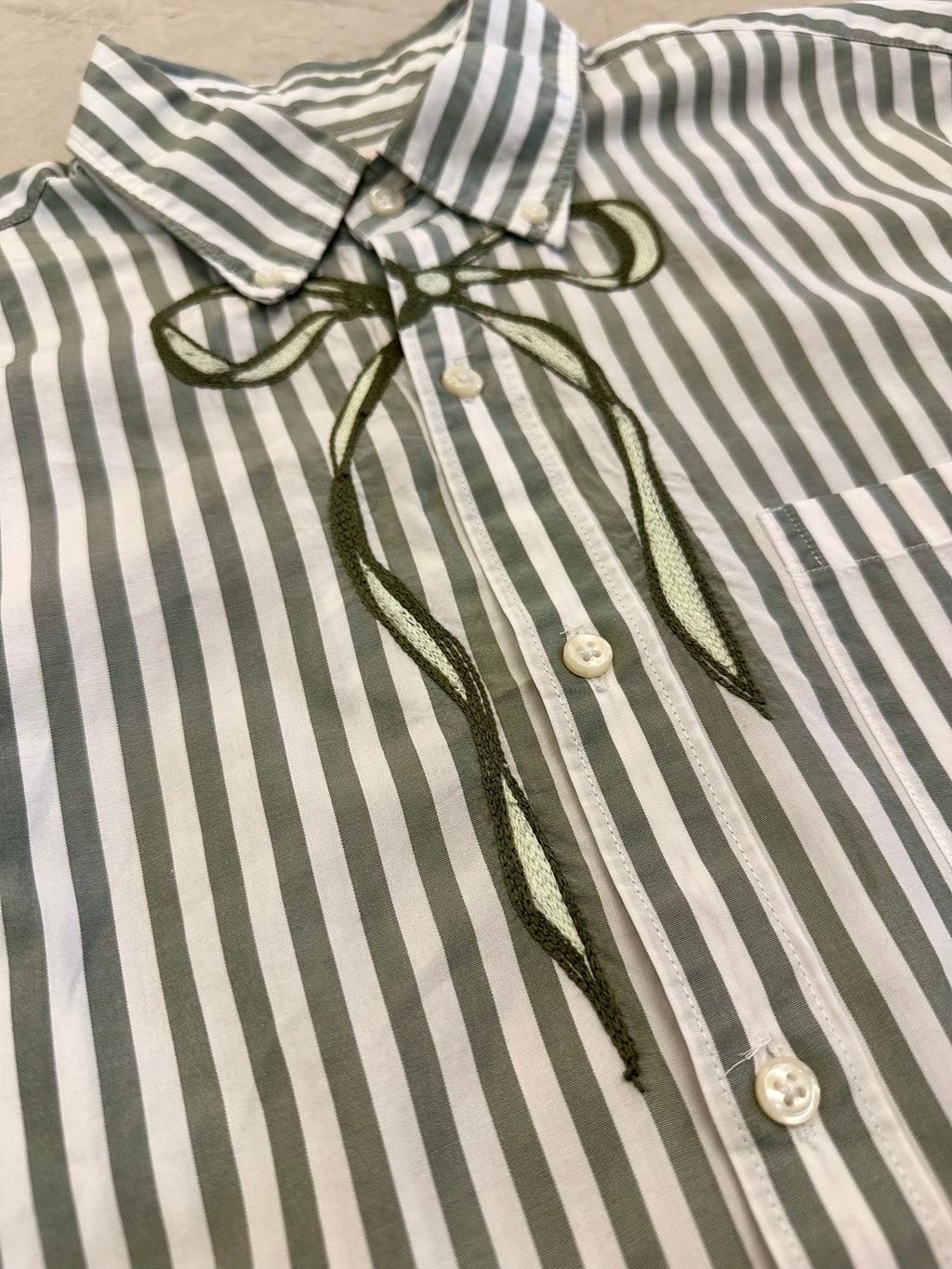 Cropped Button Down — Ivory and Green Stripe with Green Bow