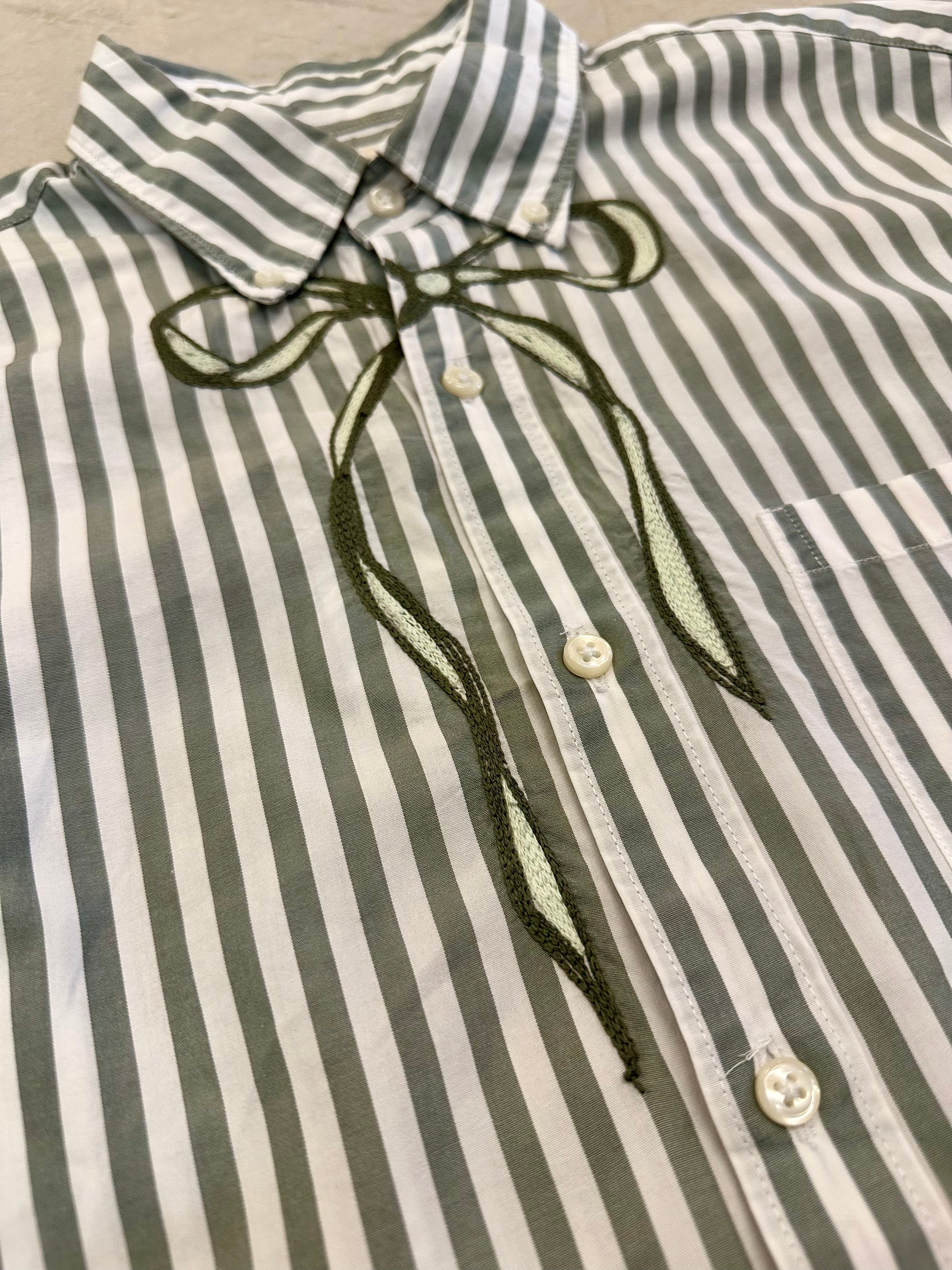 Cropped Button Down — Ivory and Green Stripe with Green Bow