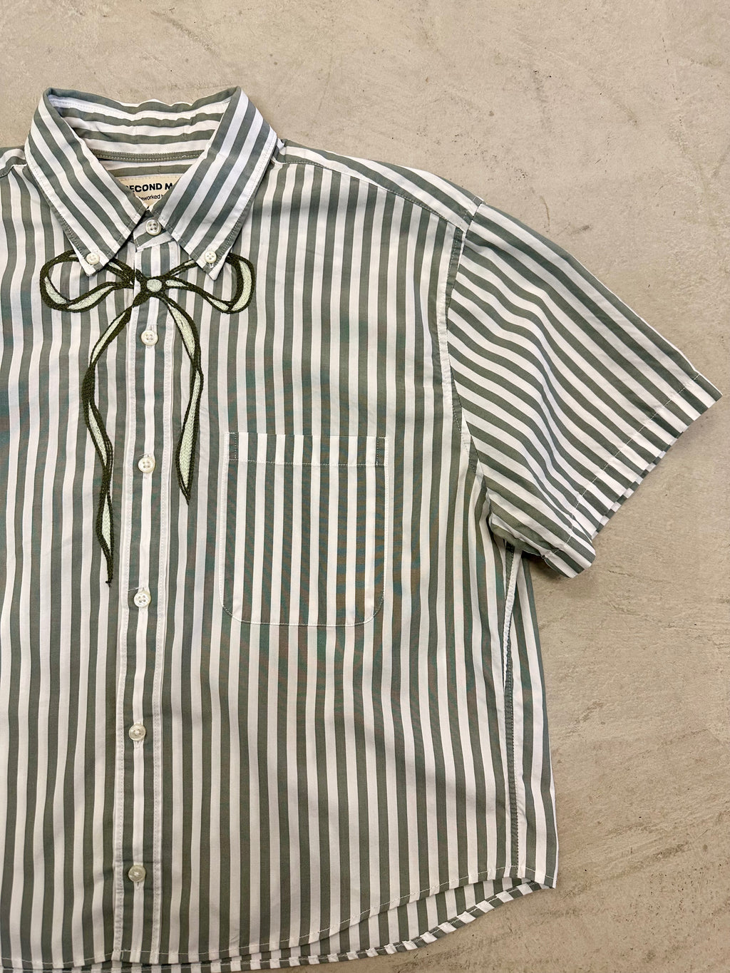 Cropped Button Down — Ivory and Green Stripe with Green Bow