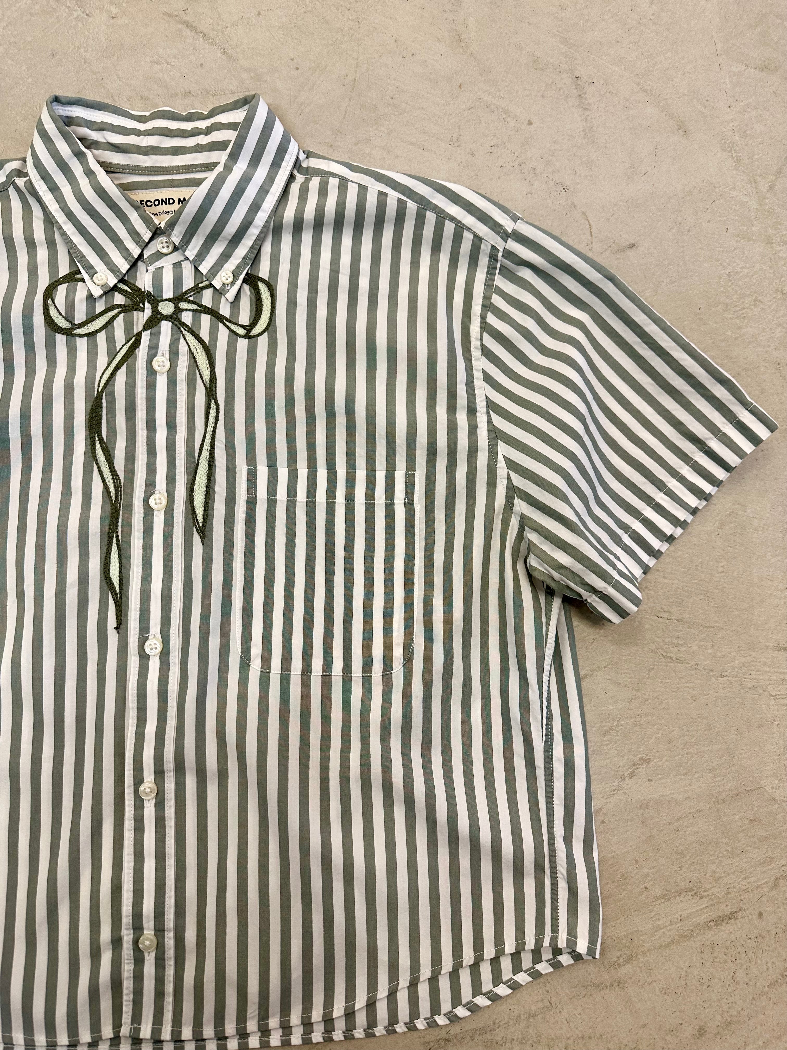 Cropped Button Down — Ivory and Green Stripe with Green Bow