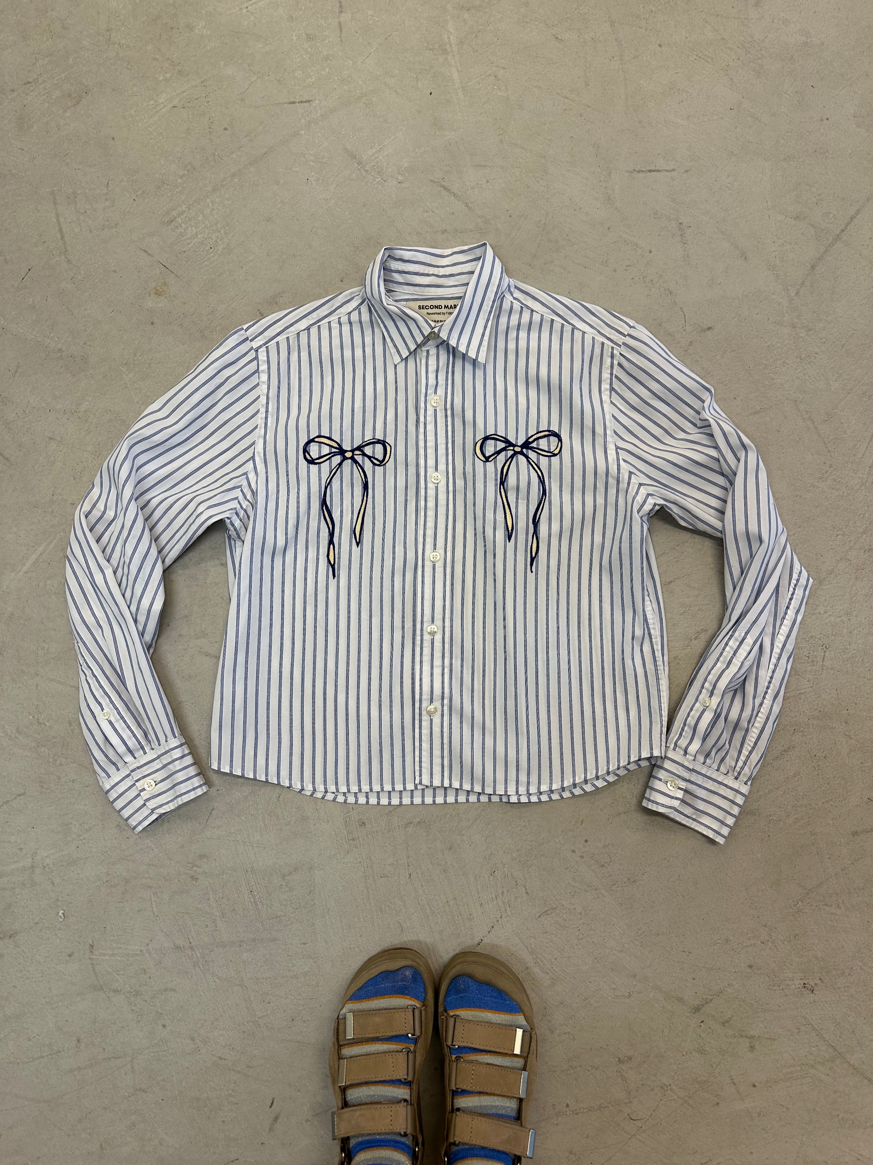 Cropped Button Down — White and Blue Stripe with Blue and Ivory Bows