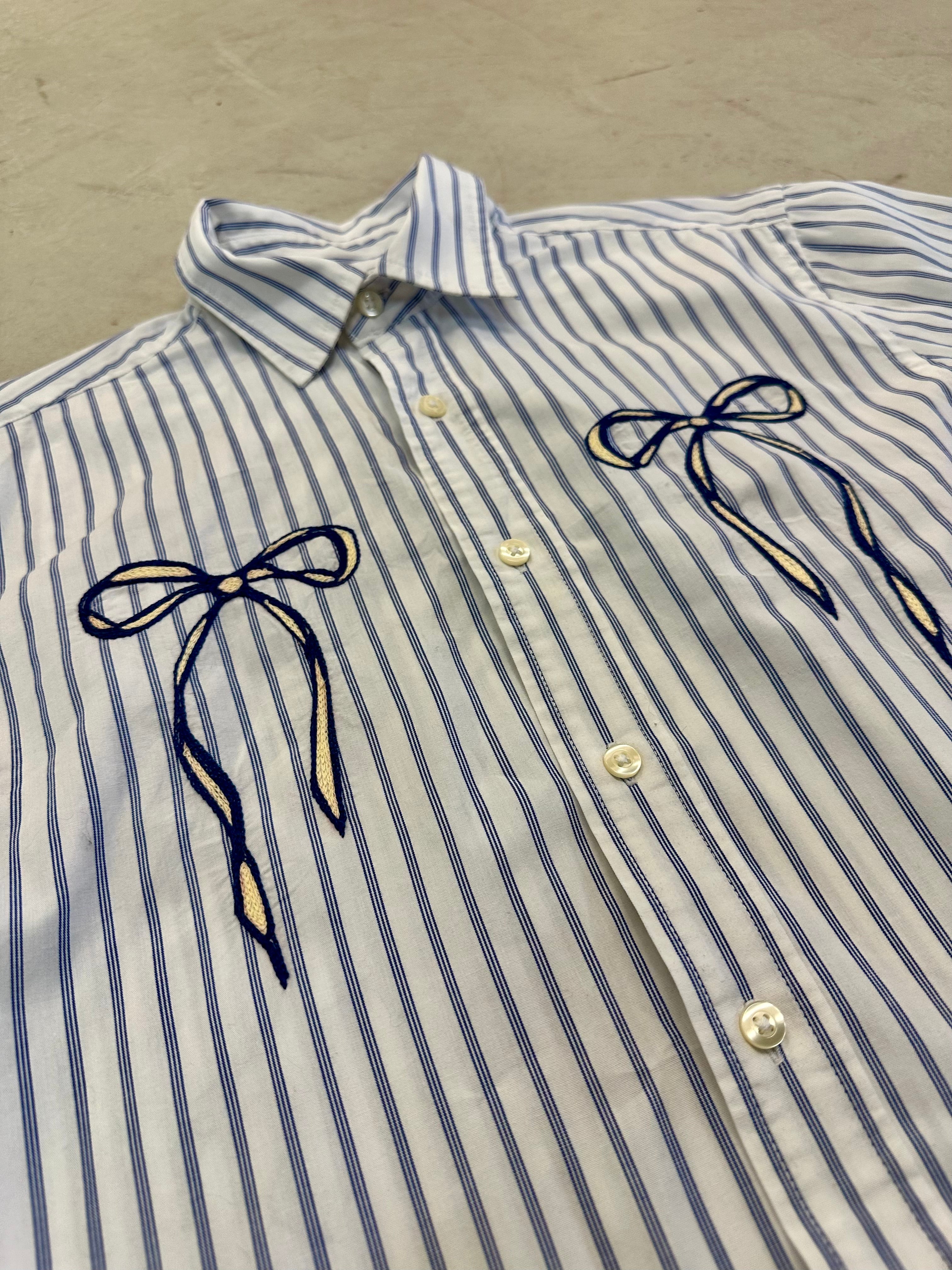 Cropped Button Down — White and Blue Stripe with Blue and Ivory Bows