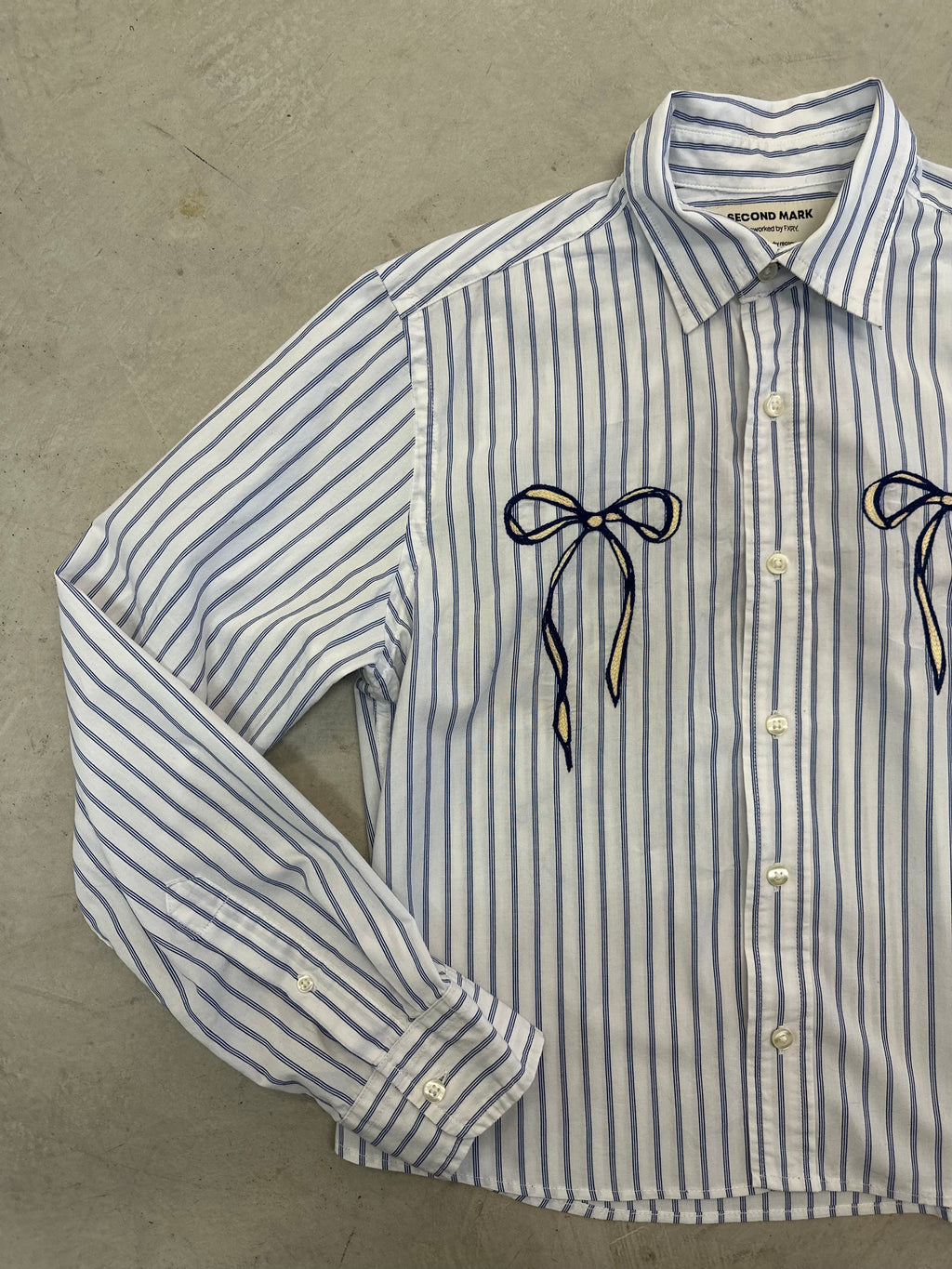 Cropped Button Down — White and Blue Stripe with Blue and Ivory Bows