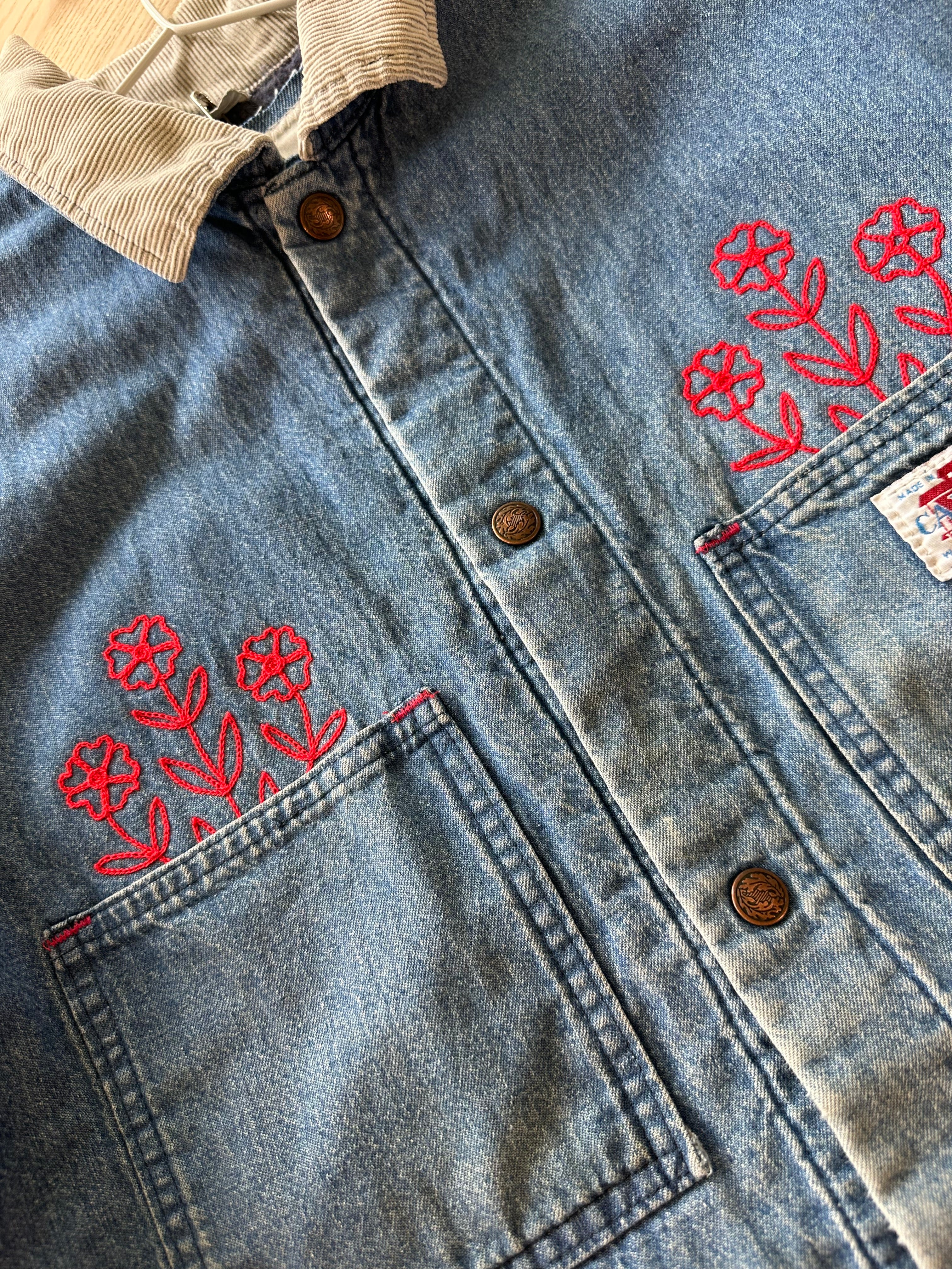 Caboose Denim Chore Coat — Vintage Mid-Wash with Red Florals
