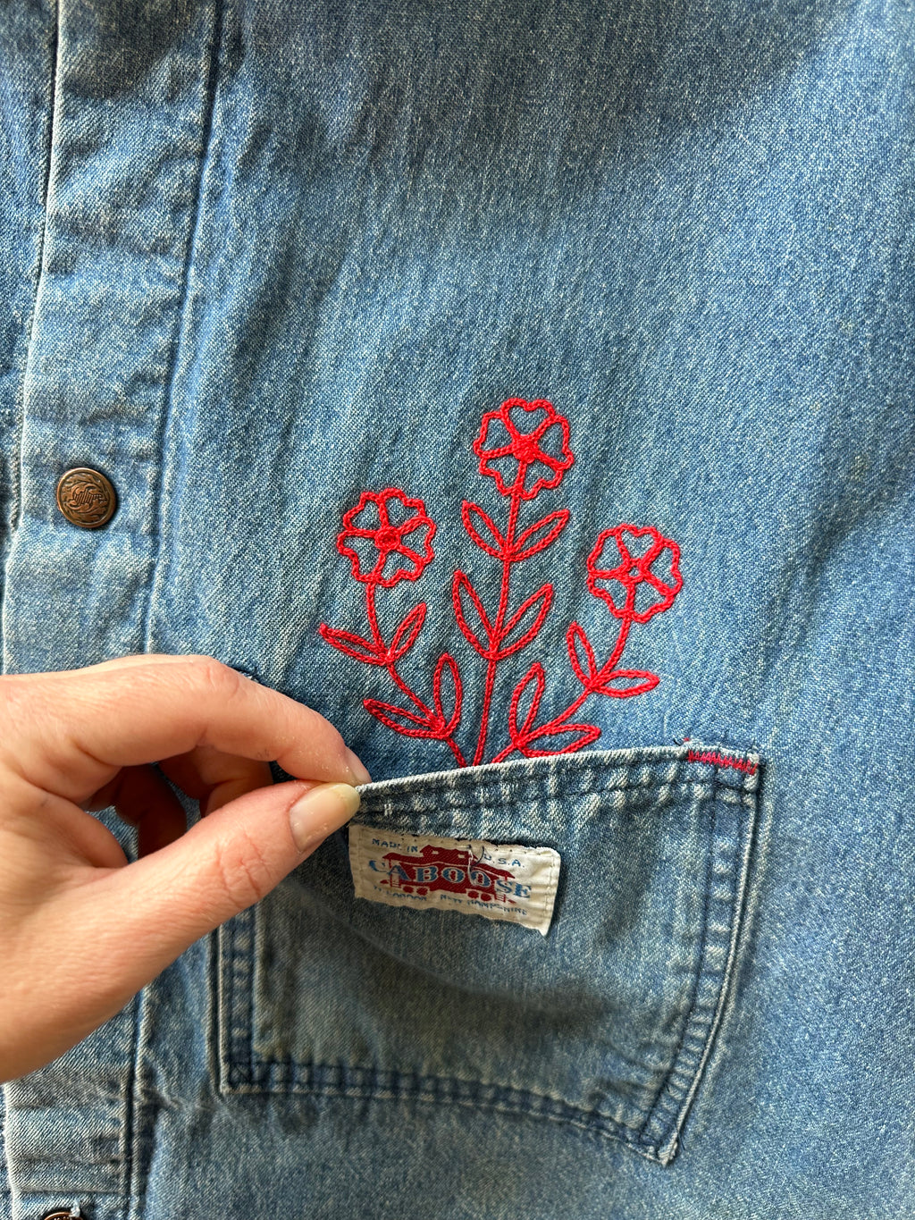 Caboose Denim Chore Coat — Vintage Mid-Wash with Red Florals