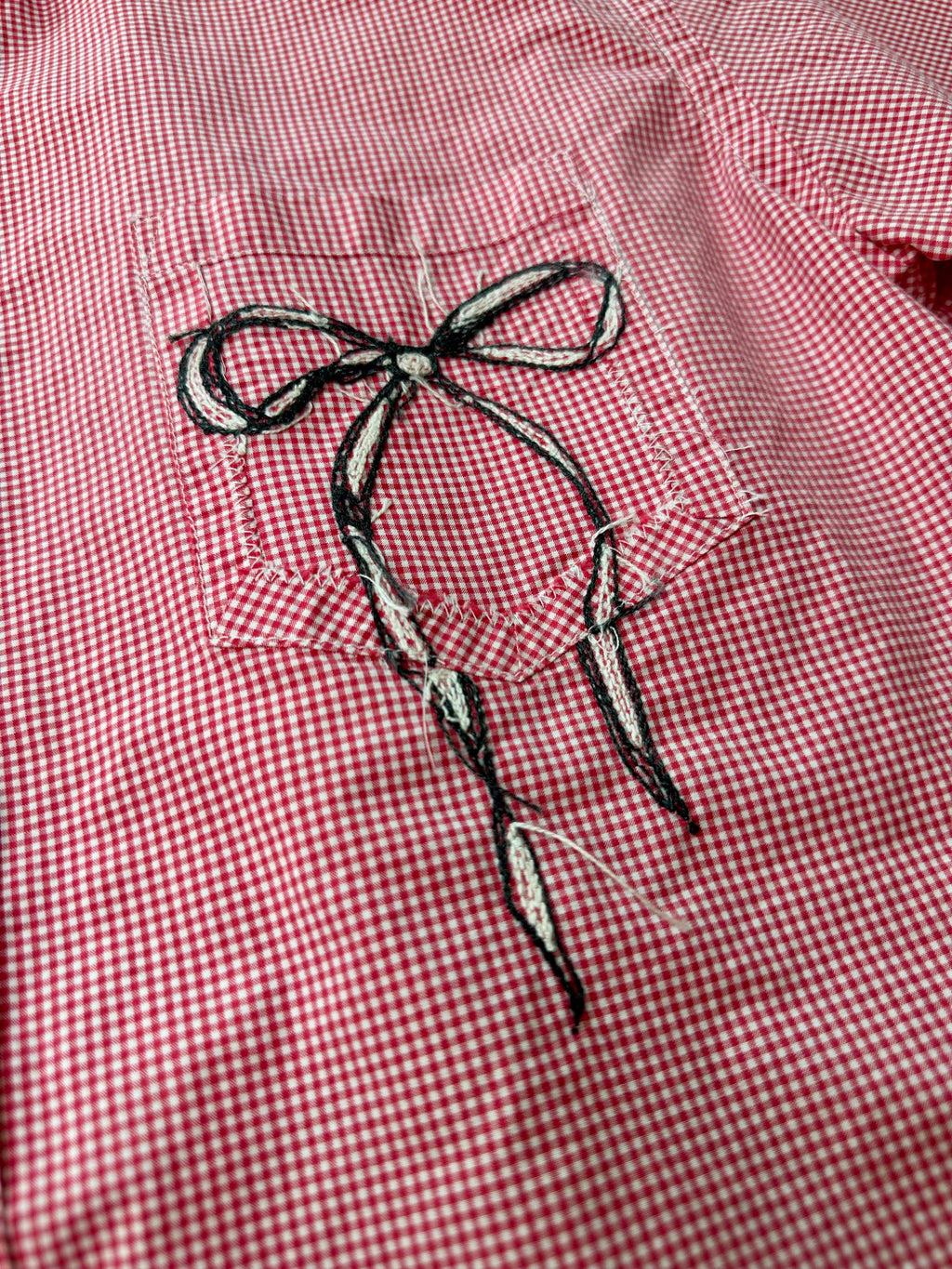 Cropped Button Down — Red Gingham with Black and White Bow Details