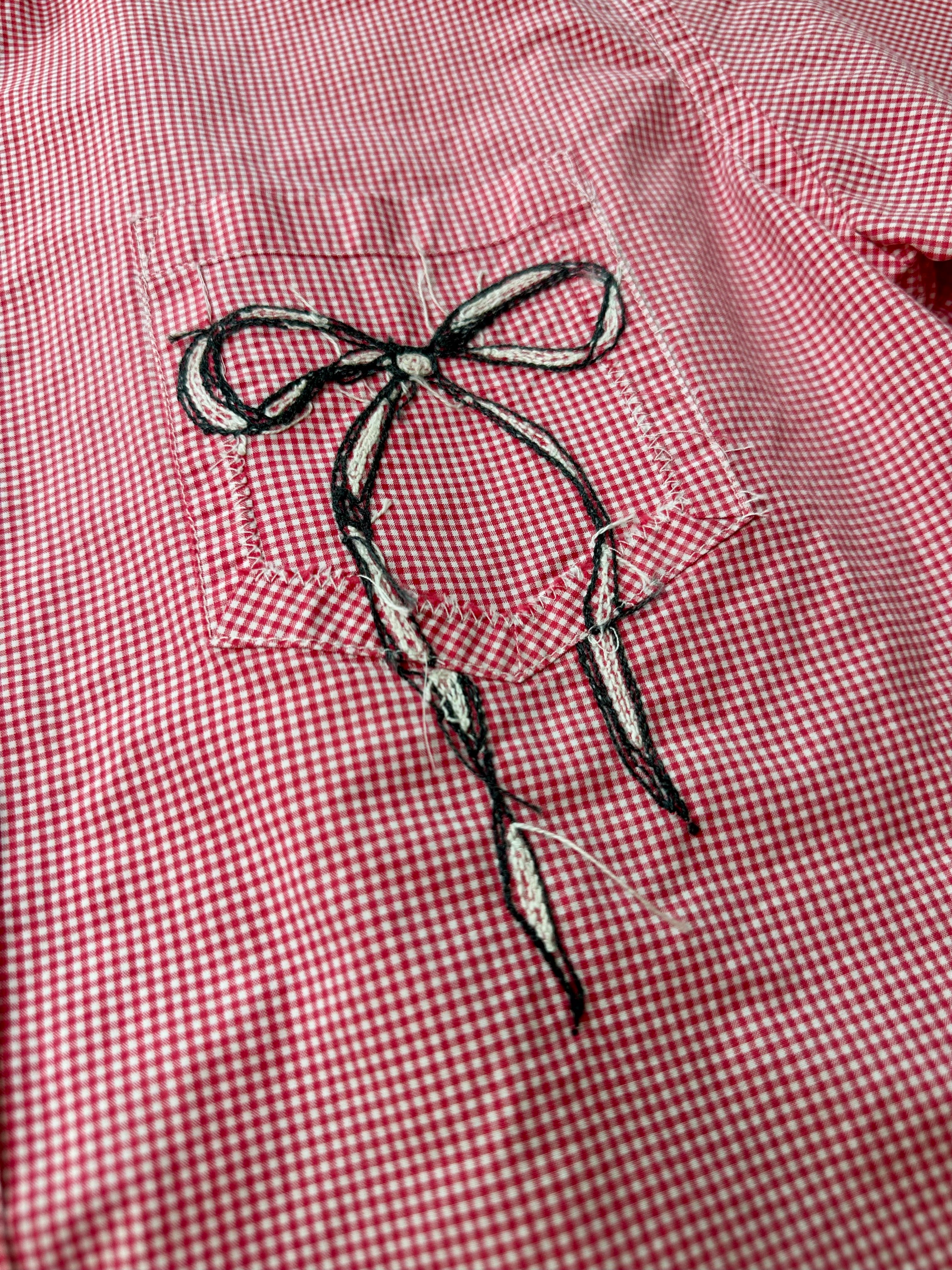 Cropped Button Down — Red Gingham with Black and White Bow Details