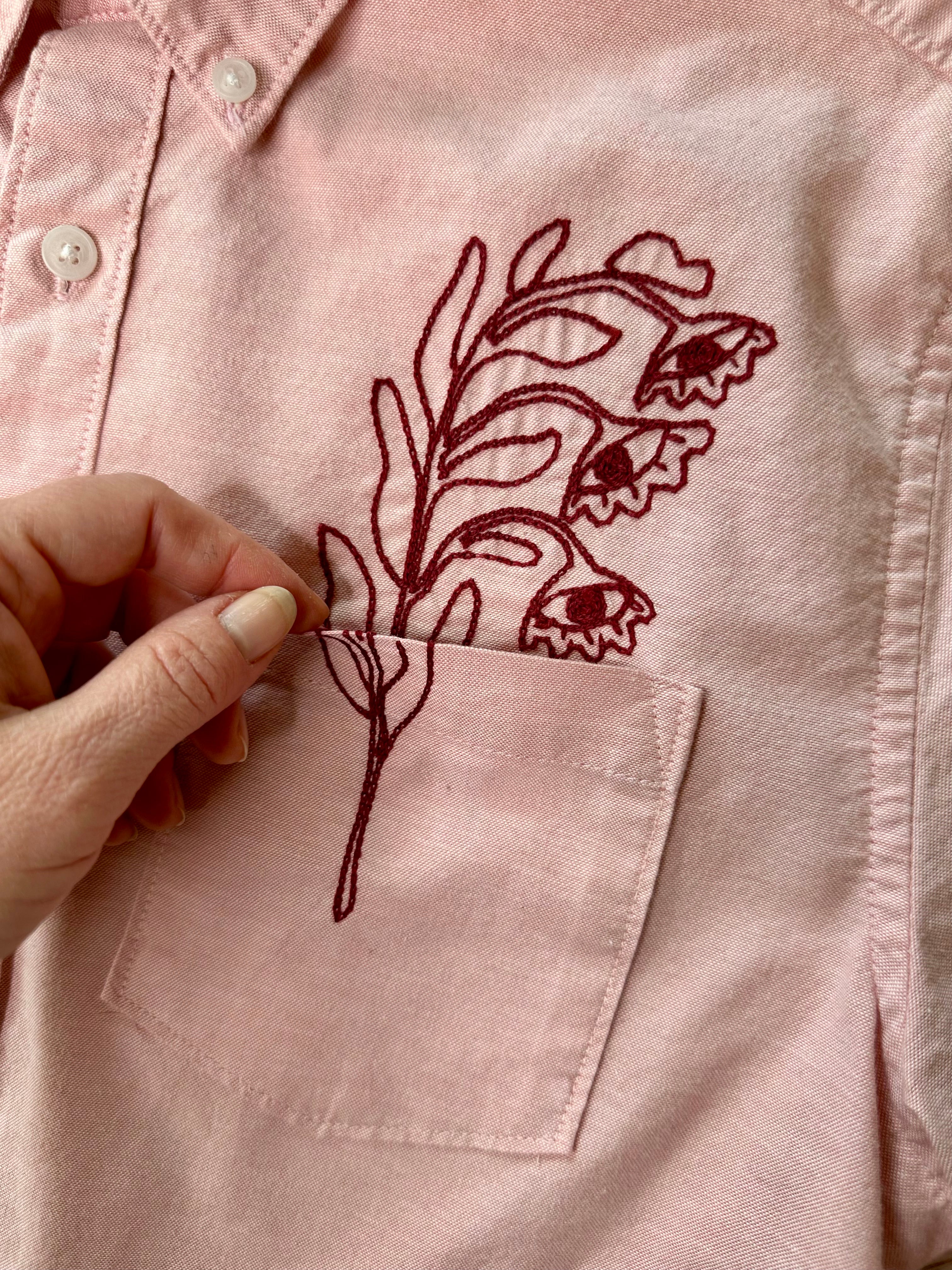 Cropped Button Down — Soft Pink with Crimson Floral Eyes