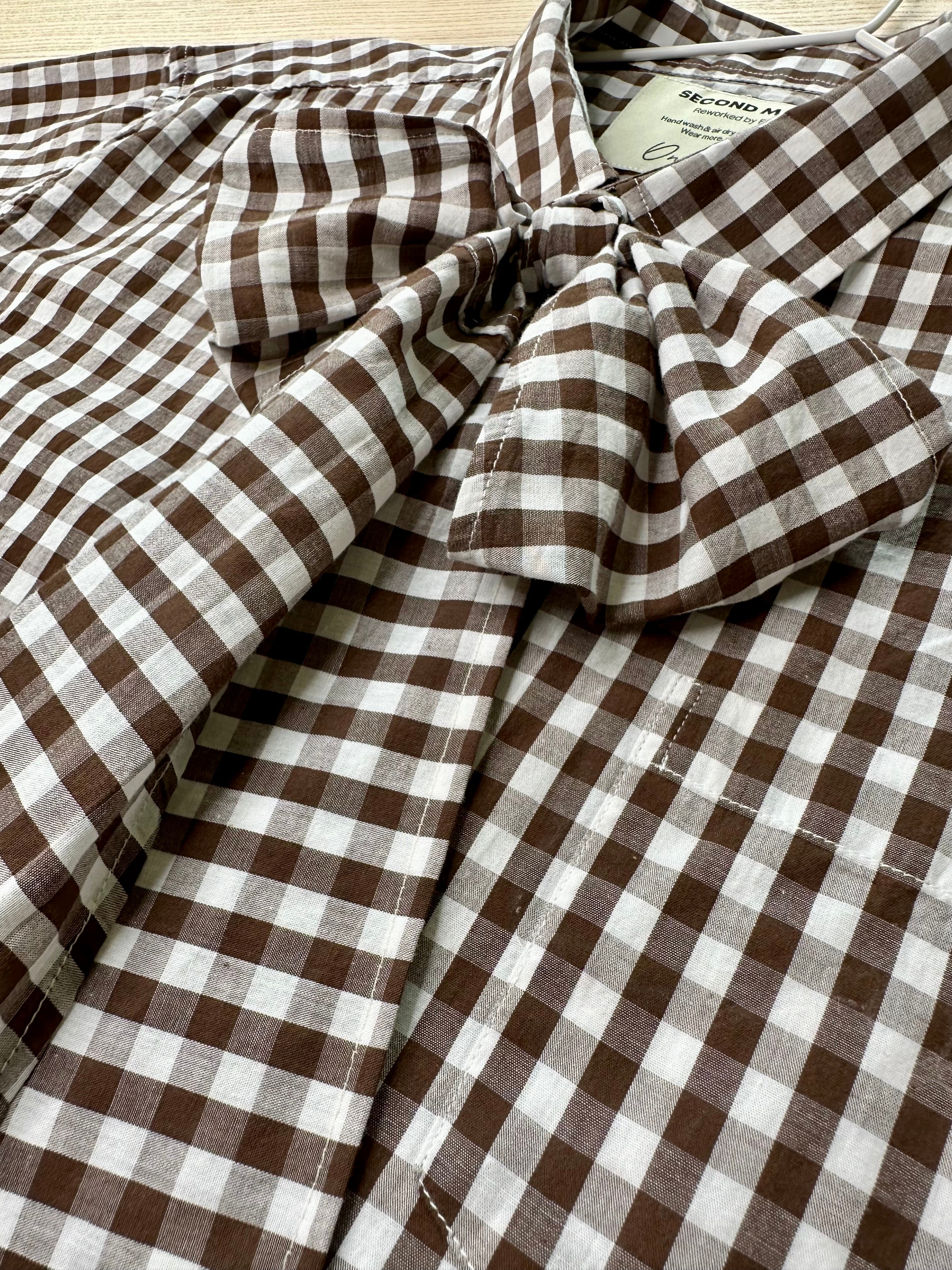 Cropped Button Down — Brown and White Gingham with Bow