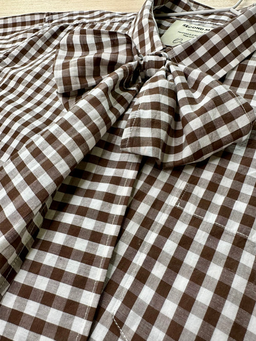 Cropped Button Down — Brown and White Gingham with Bow