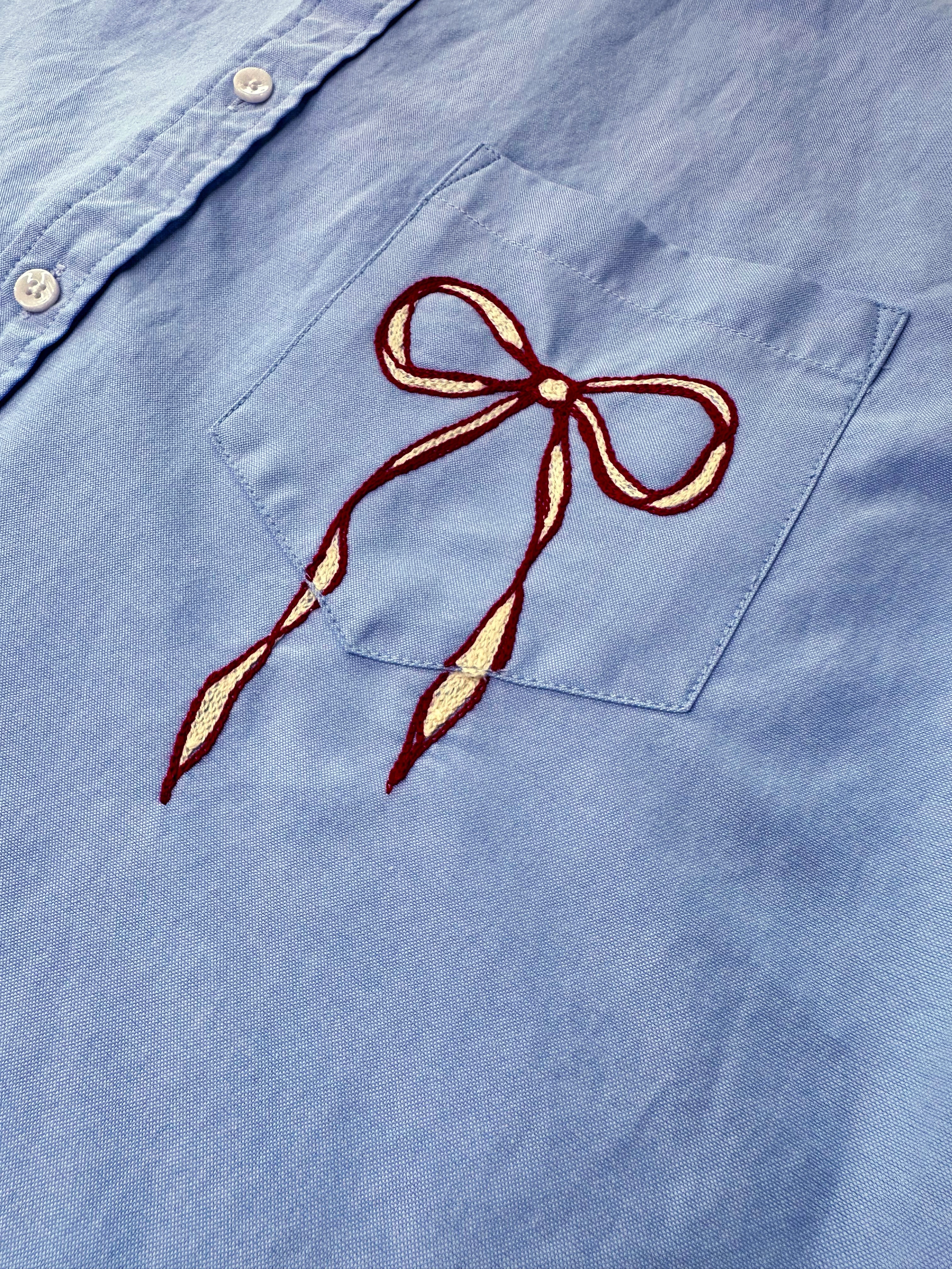 Cropped Button Down — Pale Blue with Red and Ivory Bow
