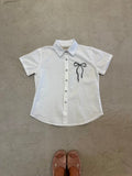 Cropped Button Down — White with Black Bows & Scallop Buttons
