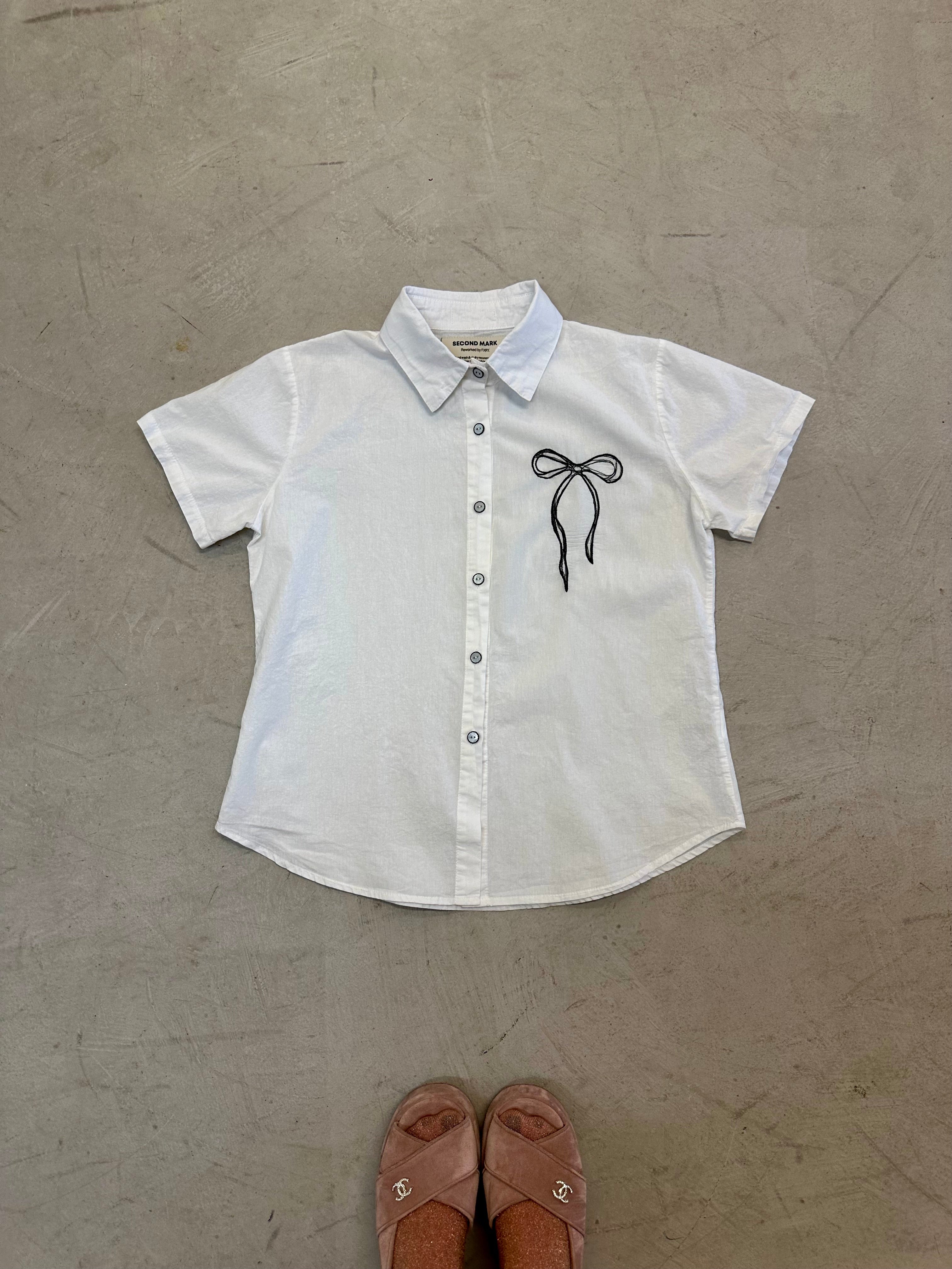 Cropped Button Down — White with Black Bows & Scallop Buttons
