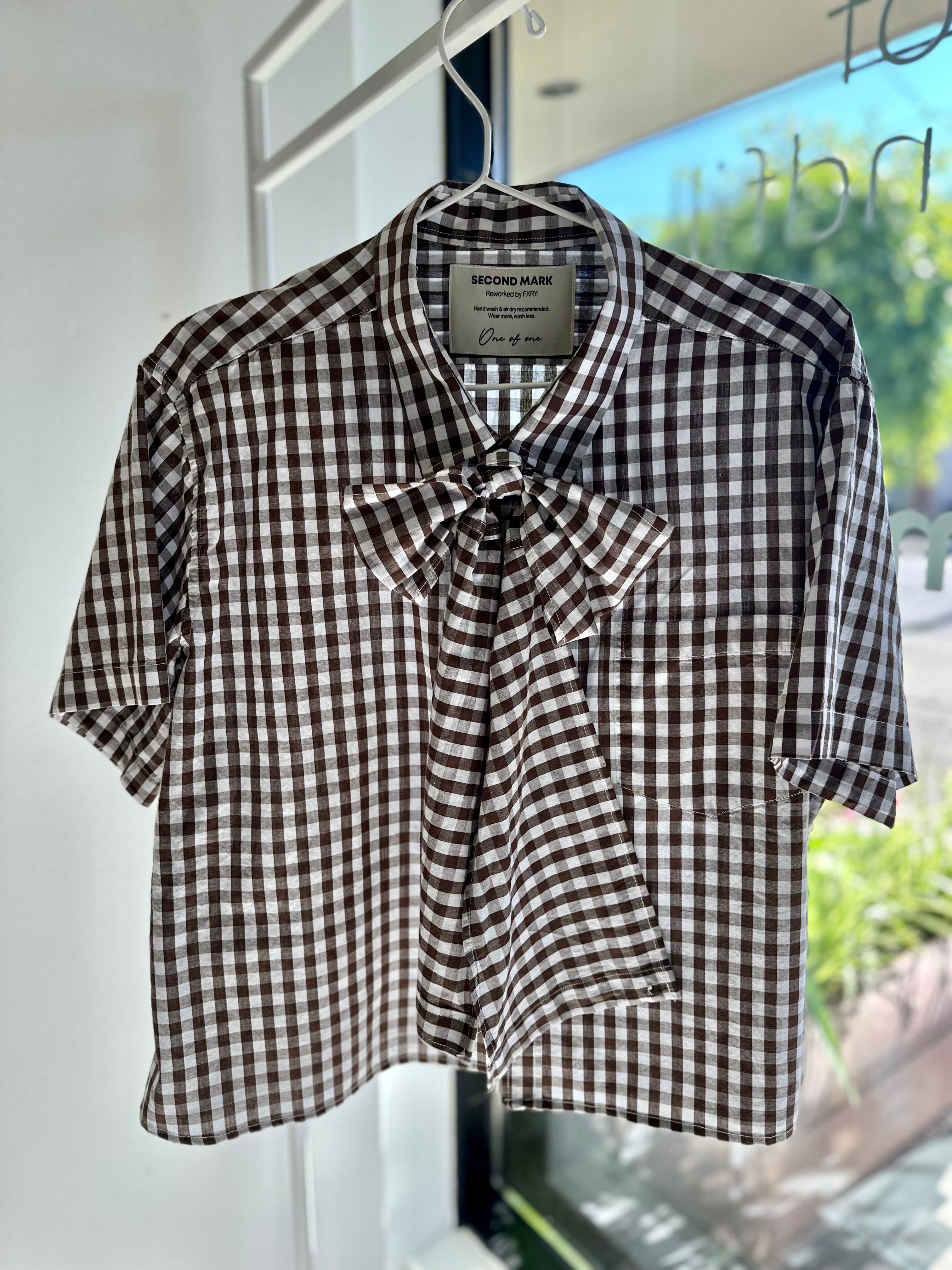 Cropped Button Down — Brown and White Gingham with Bow