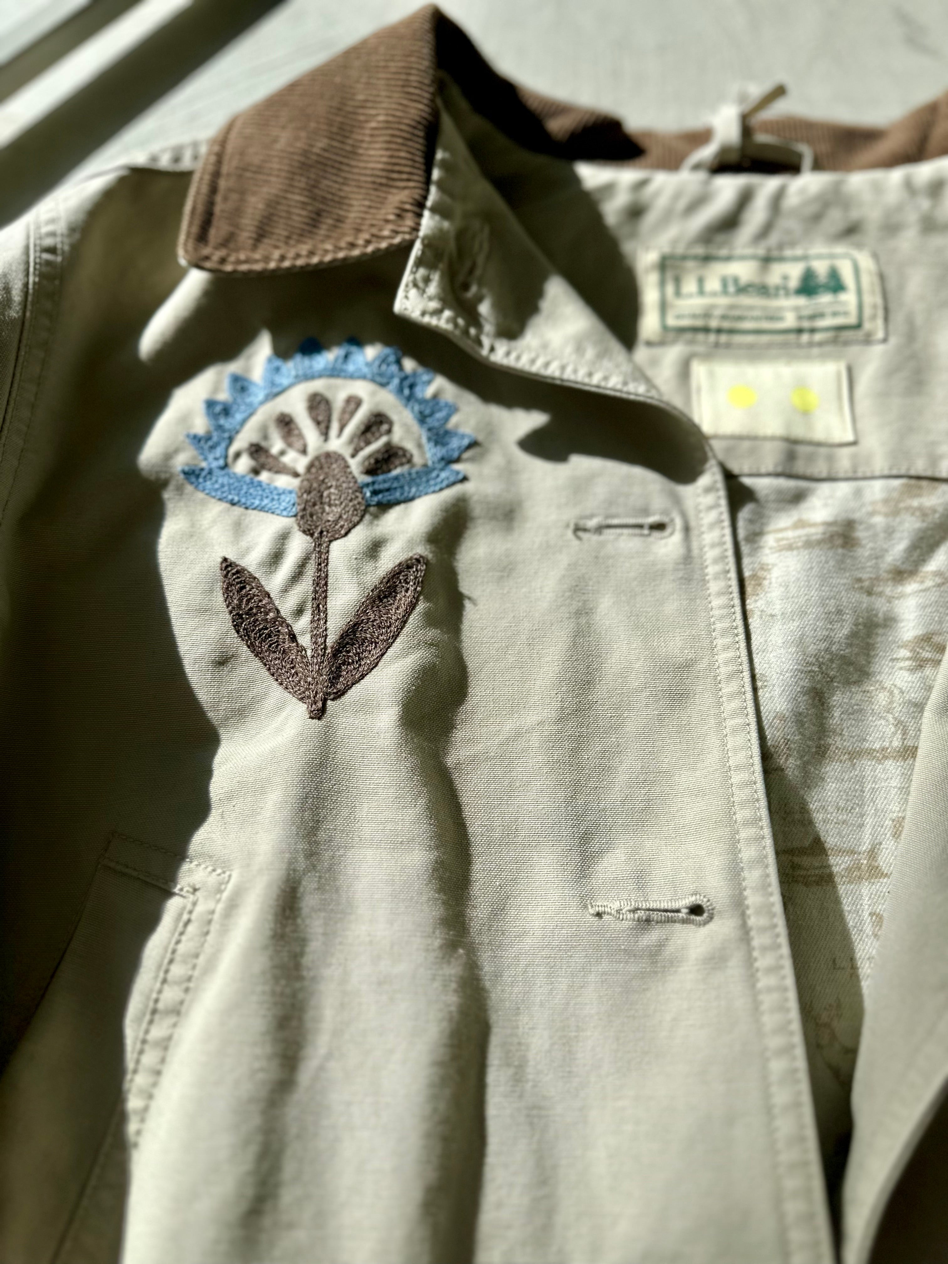 LL Bean Barn Jacket — Beige with Blue Folk Flower
