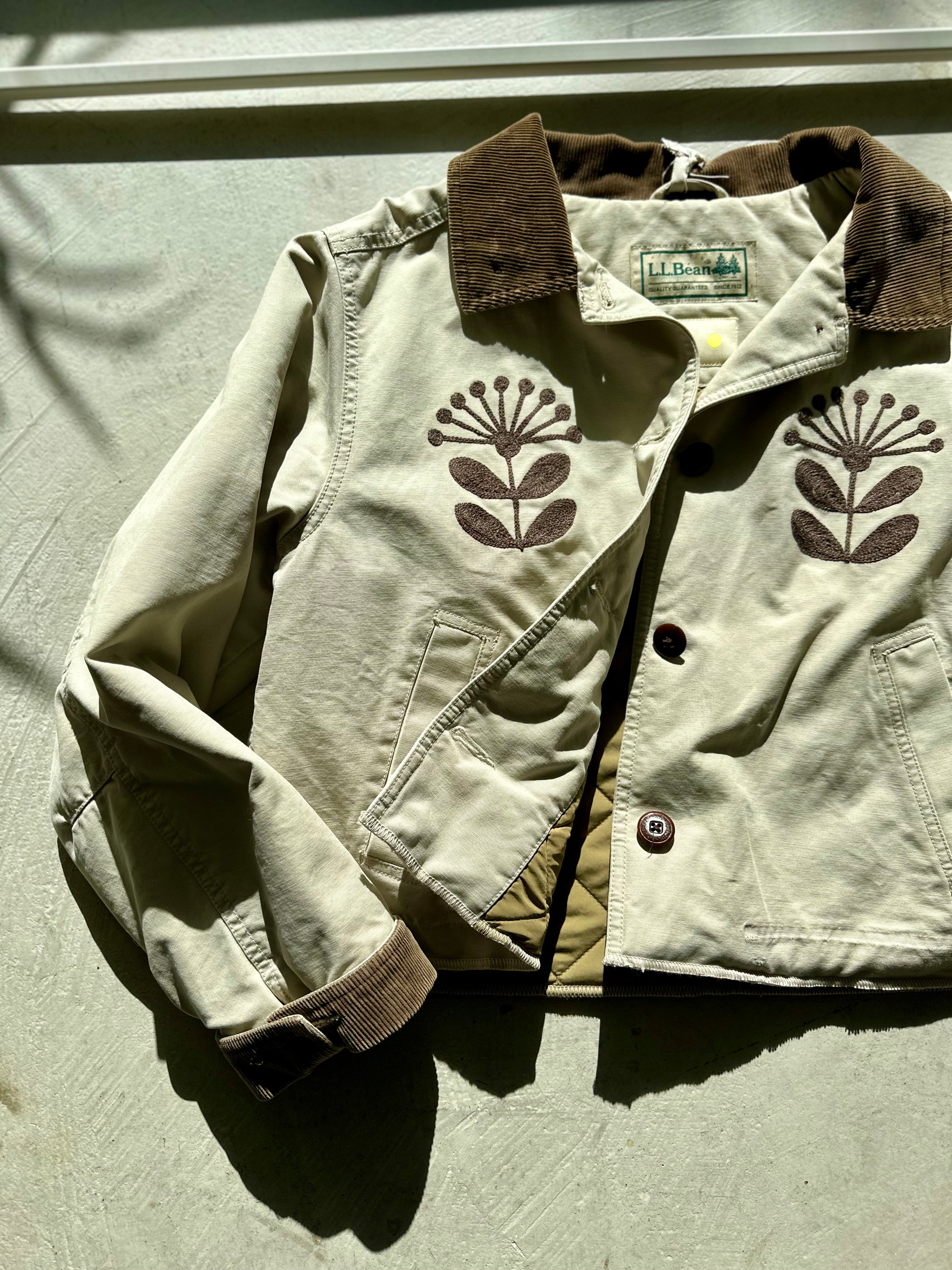 LL Bean Barn Jacket — Beige with Brown Nordic Flower