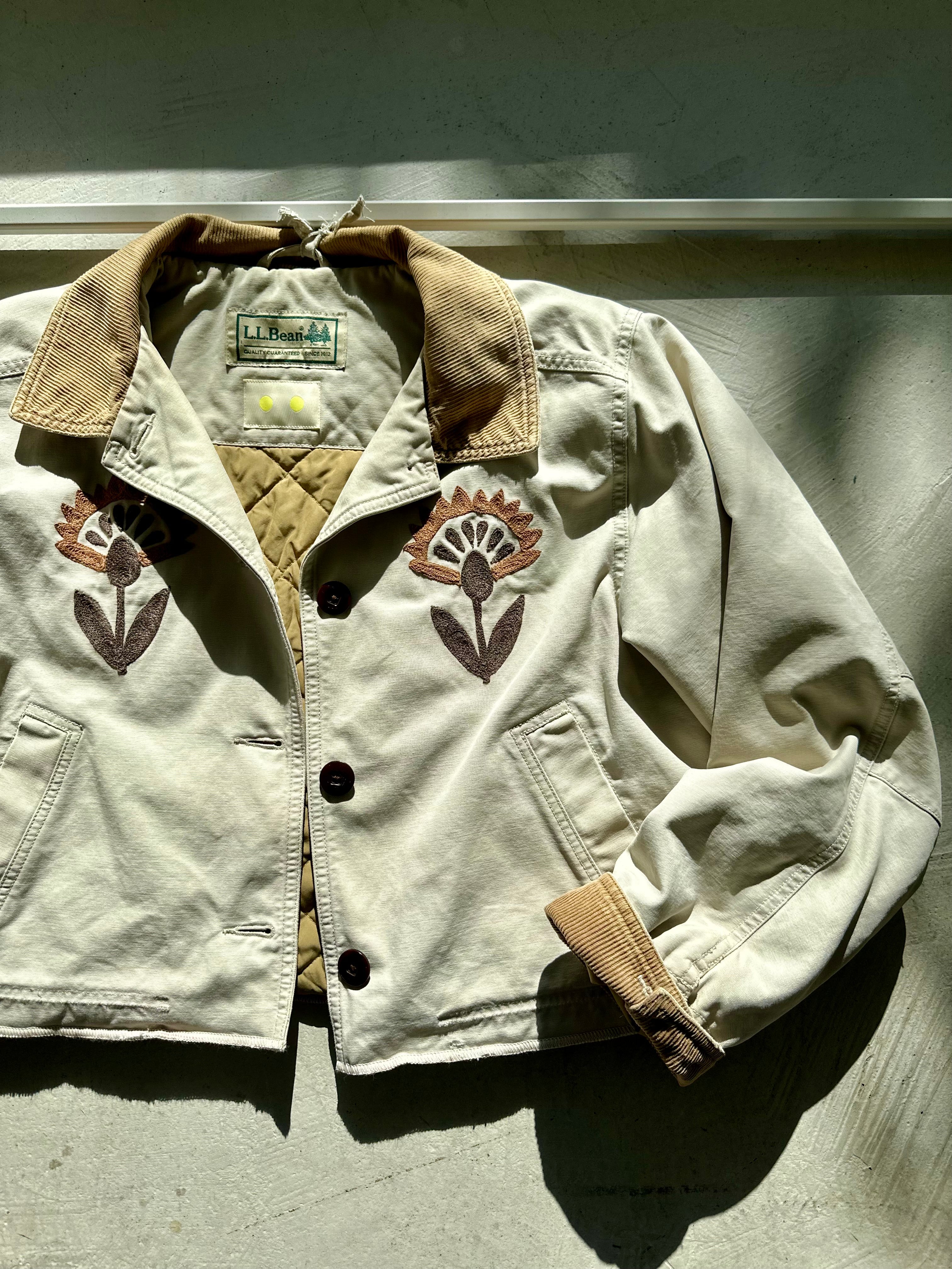LL Bean Barn Jacket — Beige with Gold & Brown Folk Flower