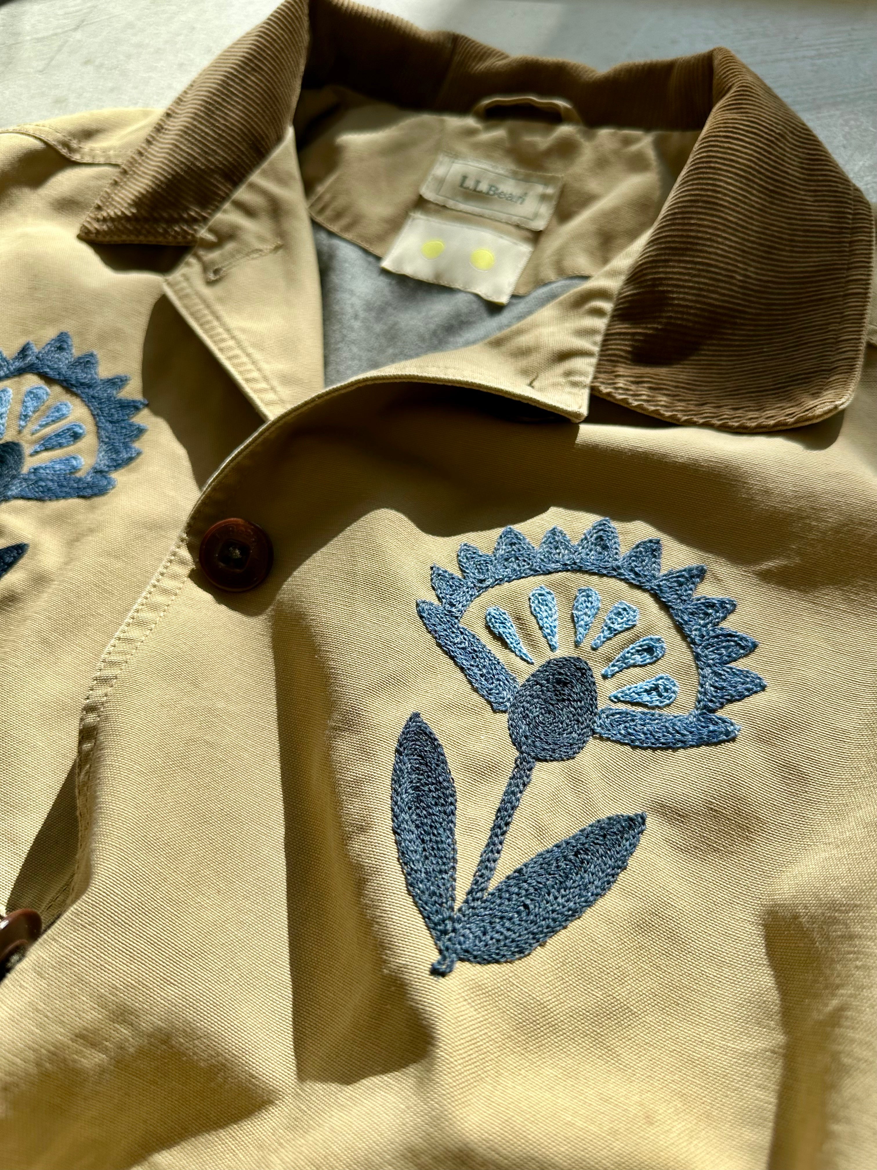 LL Bean Barn Jacket — Dark Tan with Light & Dark Blue Folk Flower