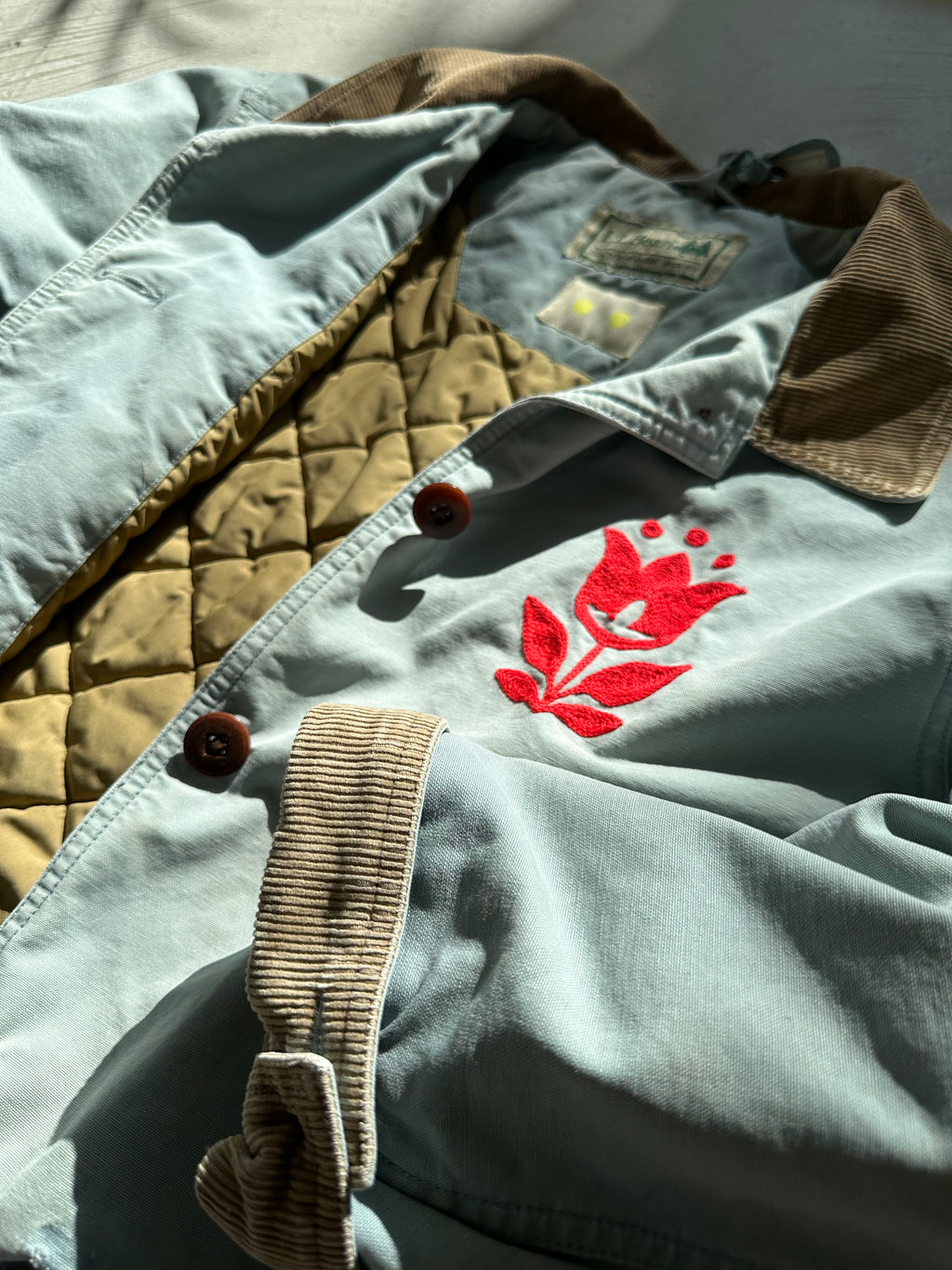LL Bean Barn Jacket — Dusty Blue with Red Tulip