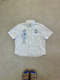 Cropped Button Down — White with Two Tone Blue Fish
