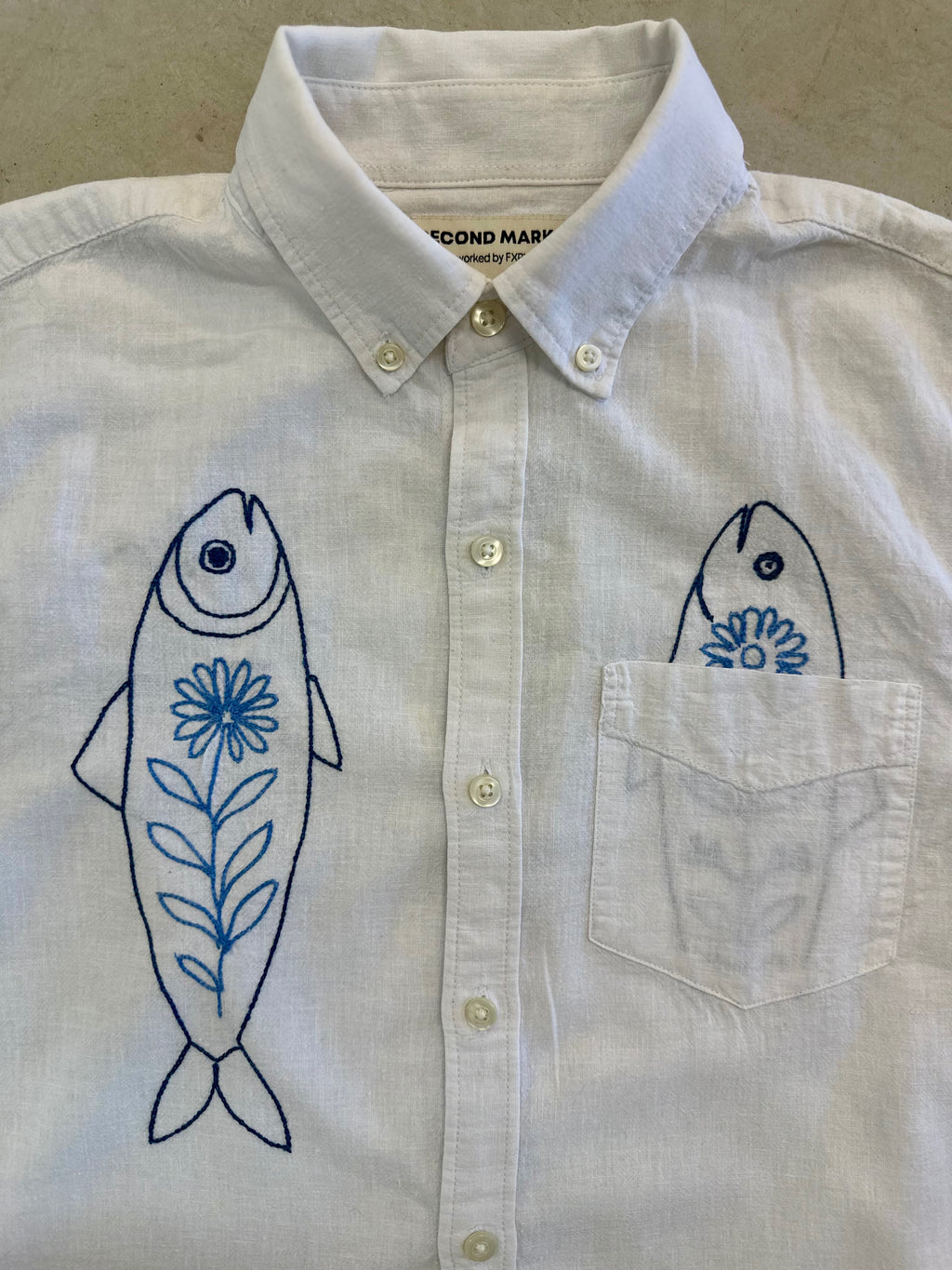 Cropped Button Down — White with Two Tone Blue Fish