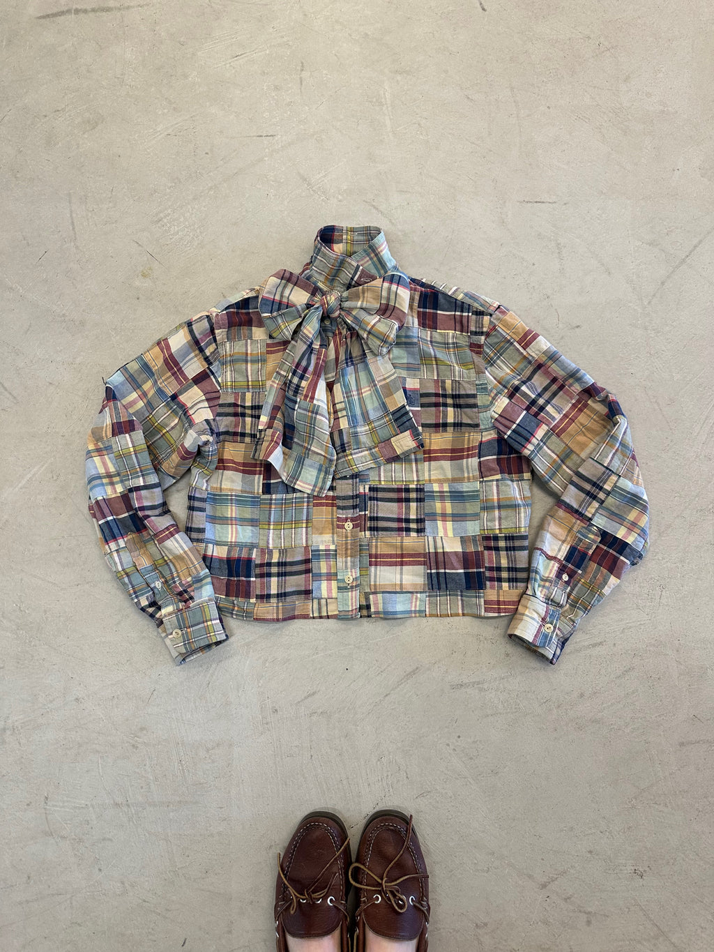 Cropped Button Down — Madras Plaid Patchwork with Bow