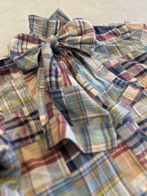 Cropped Long Sleeve Button Down — Madras Plaid Patchwork with Bow