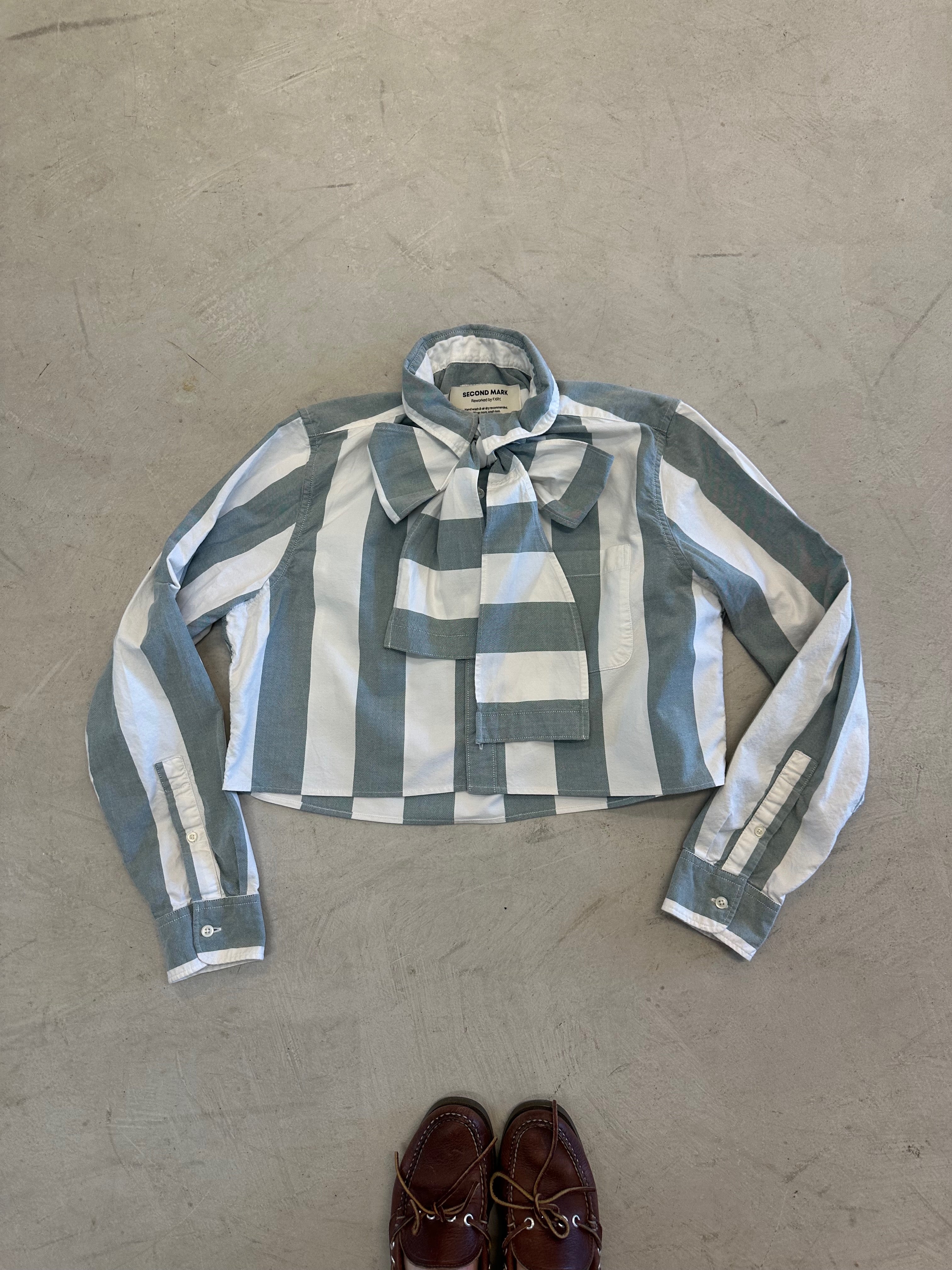 Cropped Button Down — Sage Green & Ivory Wide Stripe with Bow Tie