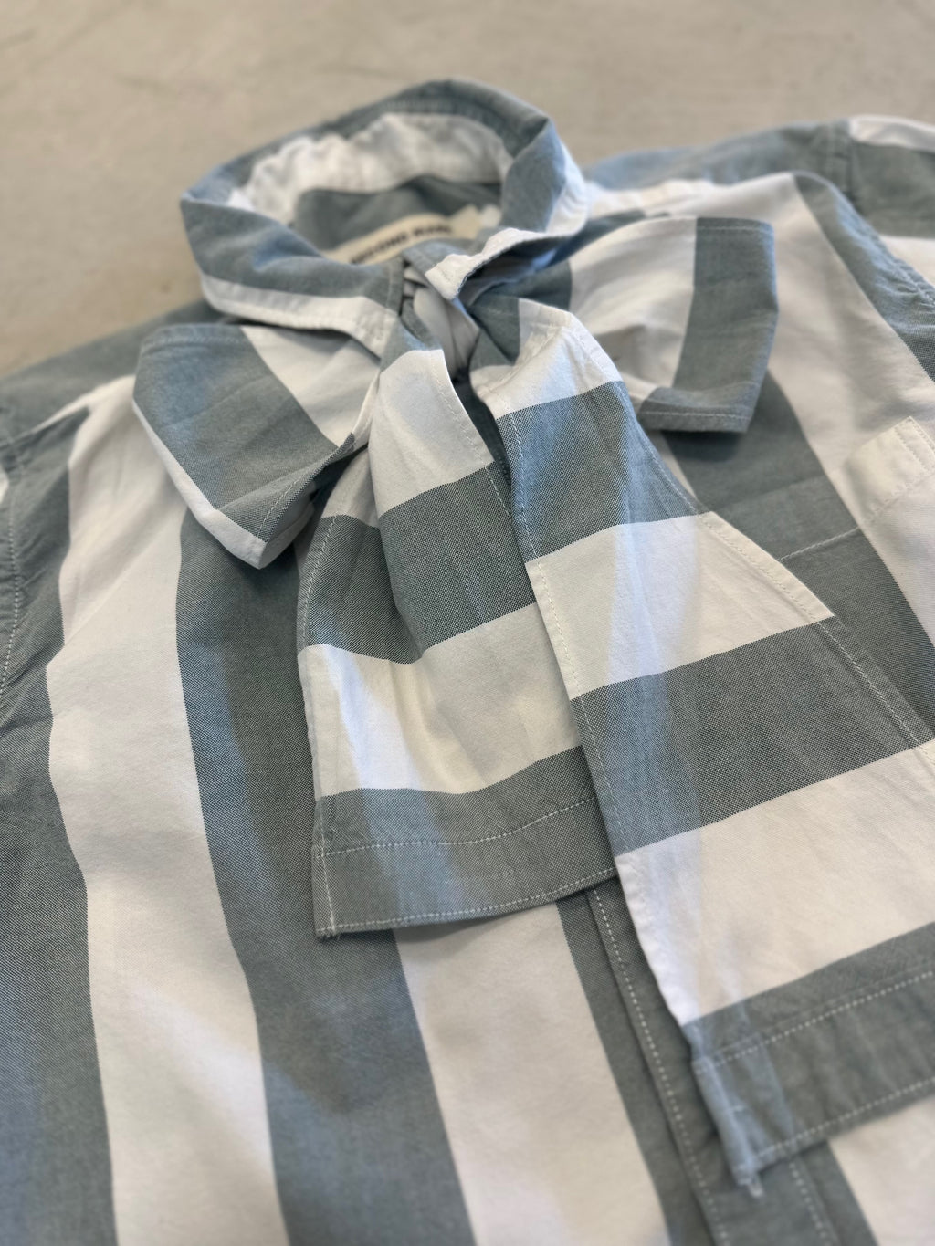 Cropped Button Down — Sage Green & Ivory Wide Stripe with Bow Tie