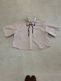 Cropped Button Down — Ivory & Oxblood Micro Plaid with Grey & Crimson Bow